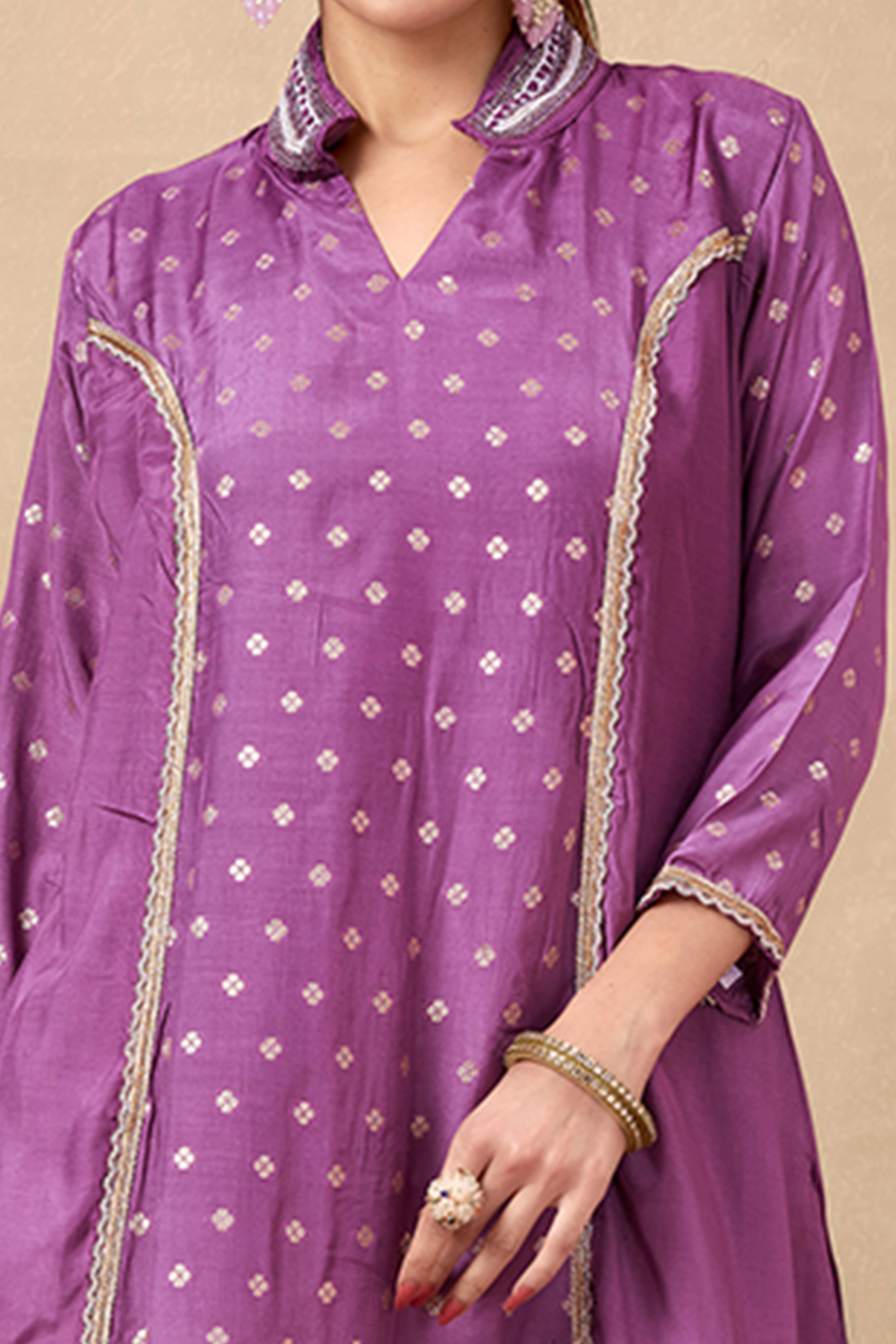 Lavender Silk Blend A-Line Top Bottom Set With Zari Weaving And Stone Work