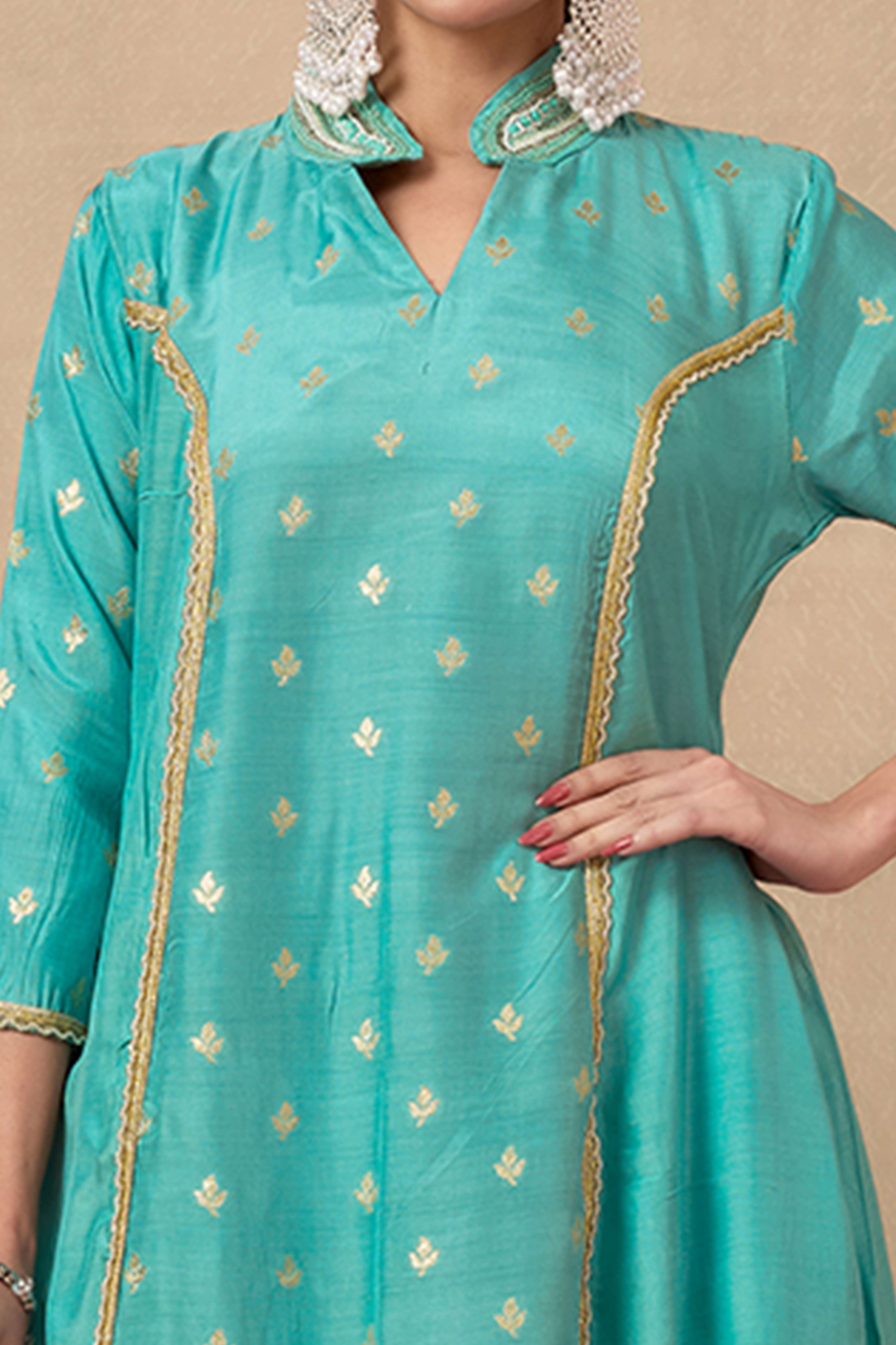 Turquoise Silk Blend A-Line Top Bottom Set With Zari Weaving And Stone Work