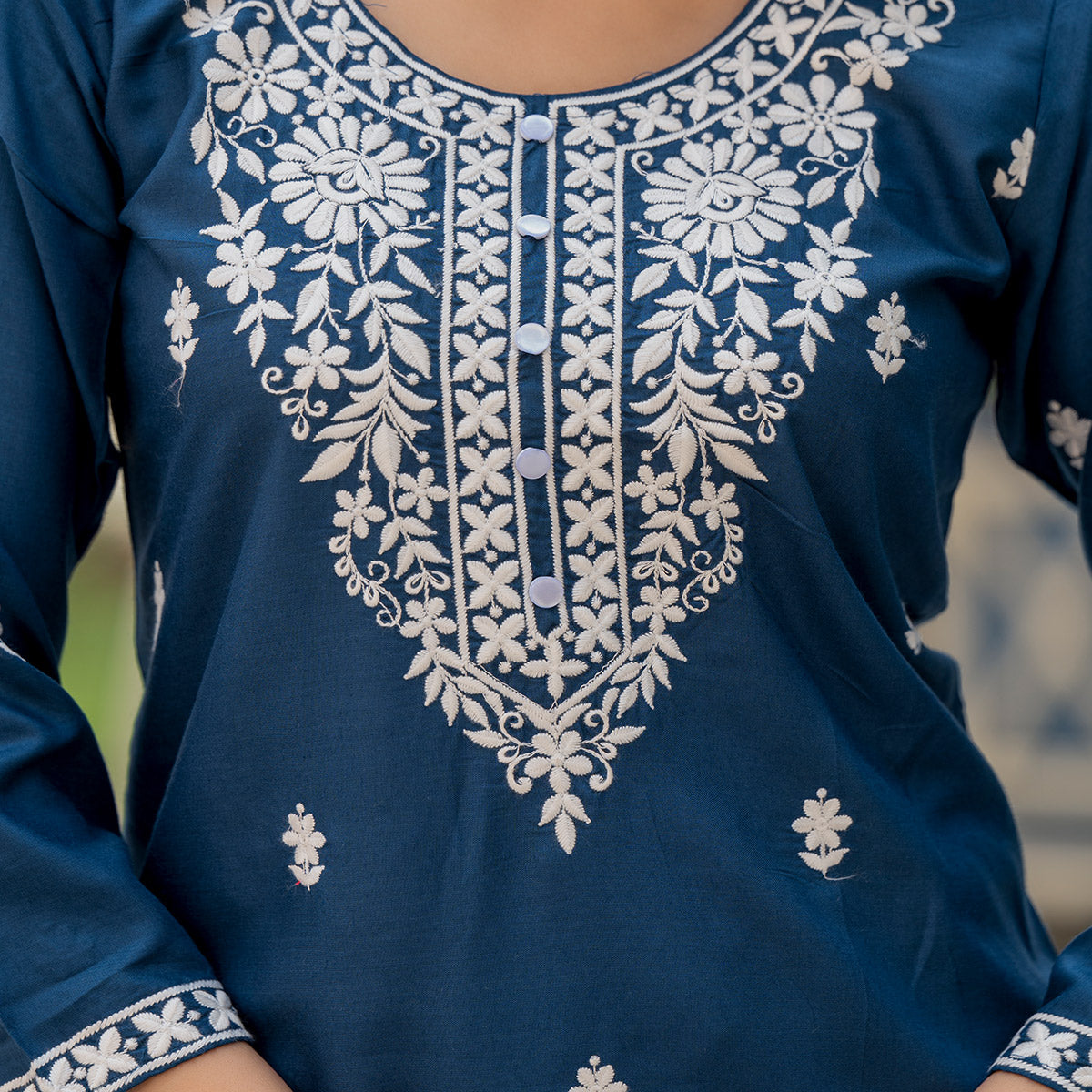 Blue Embroidered Rayon Straight Top