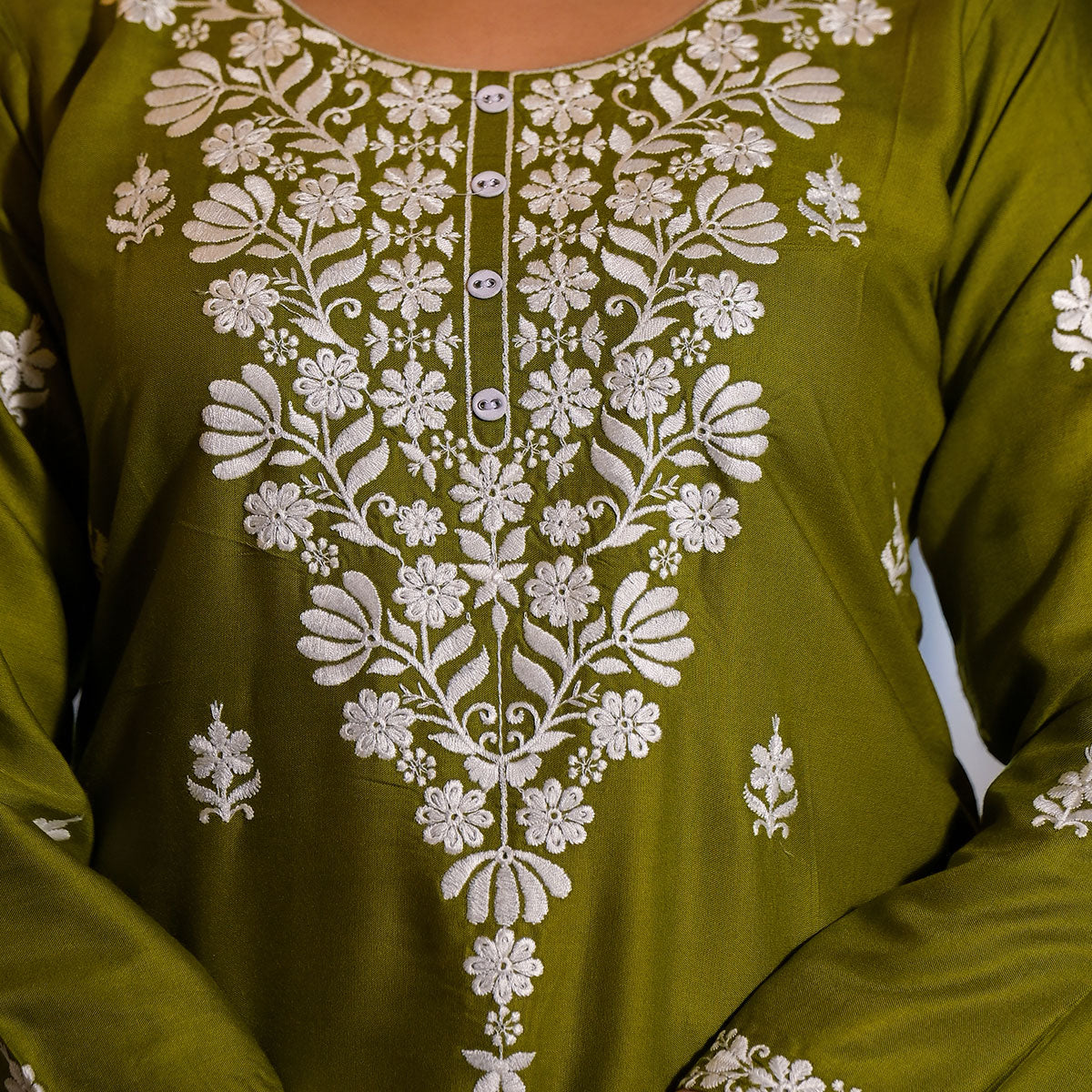 Green Embroidered Rayon Straight Top