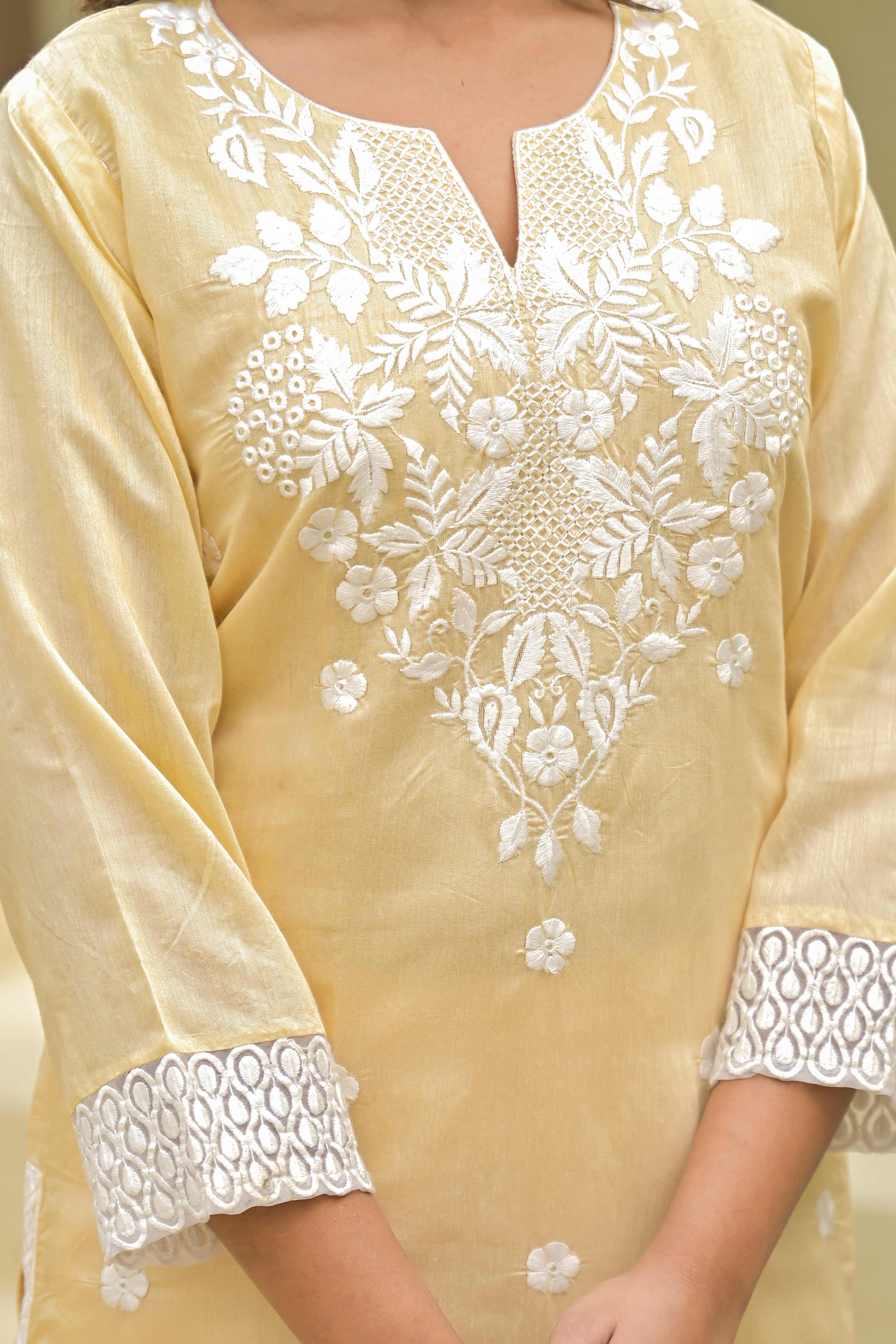 Chikoo Floral Embroidered Chanderi Kurti Pant Set