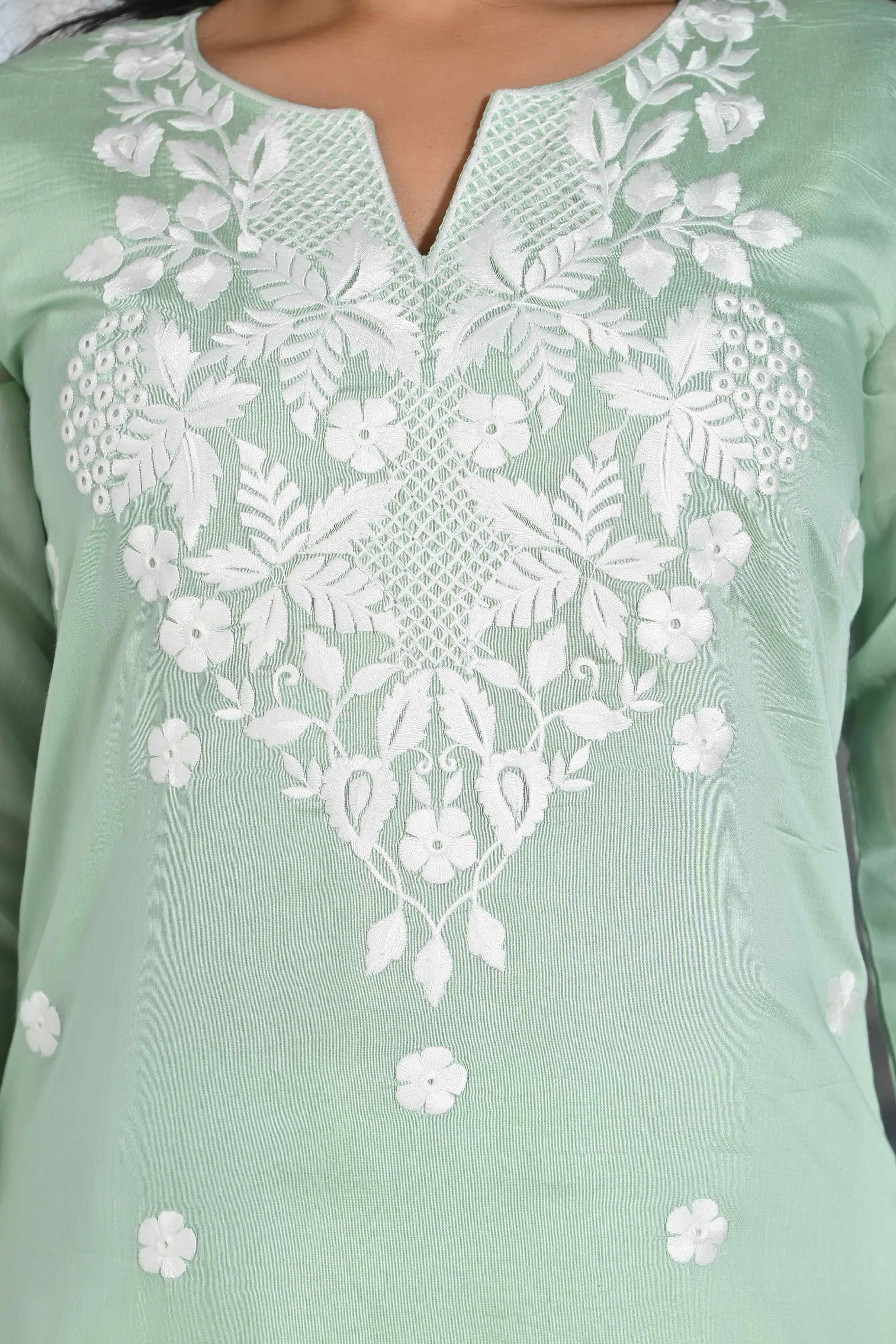 Sea Green Floral Embroidered Chanderi Kurti Pant Set