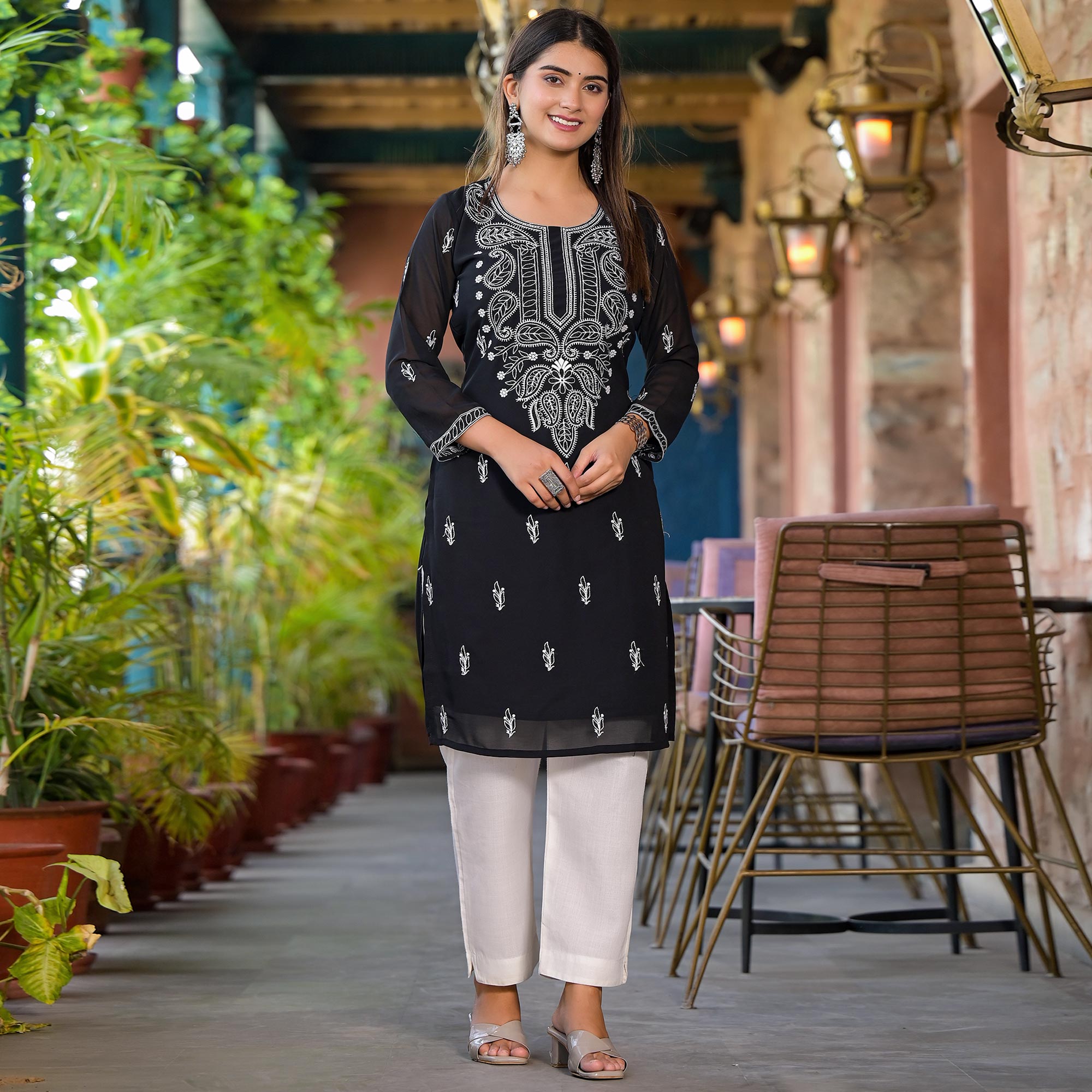 Black Embroidered Georgette Straight Kurti