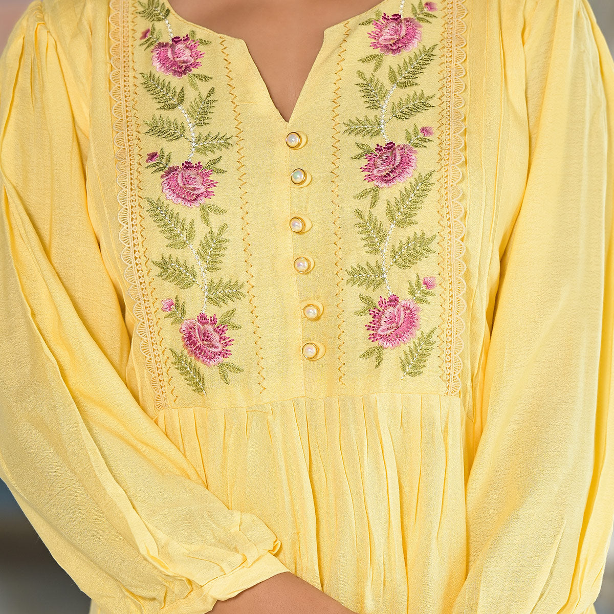 Yellow Yoke Embroidered Rayon A-Line Top