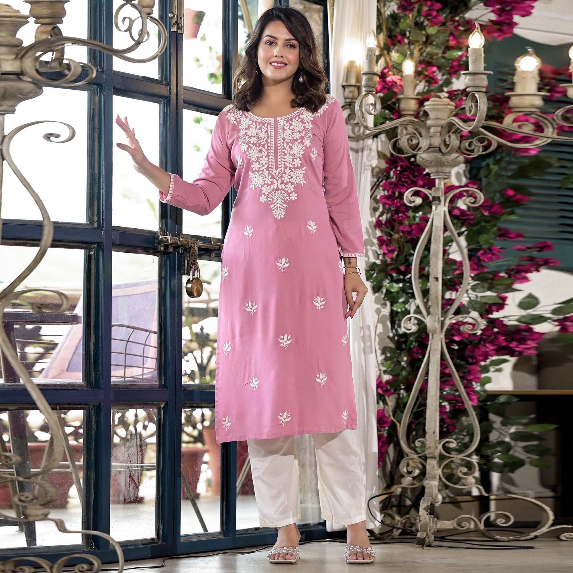 Pink Floral Embroidered Rayon Straight Kurti