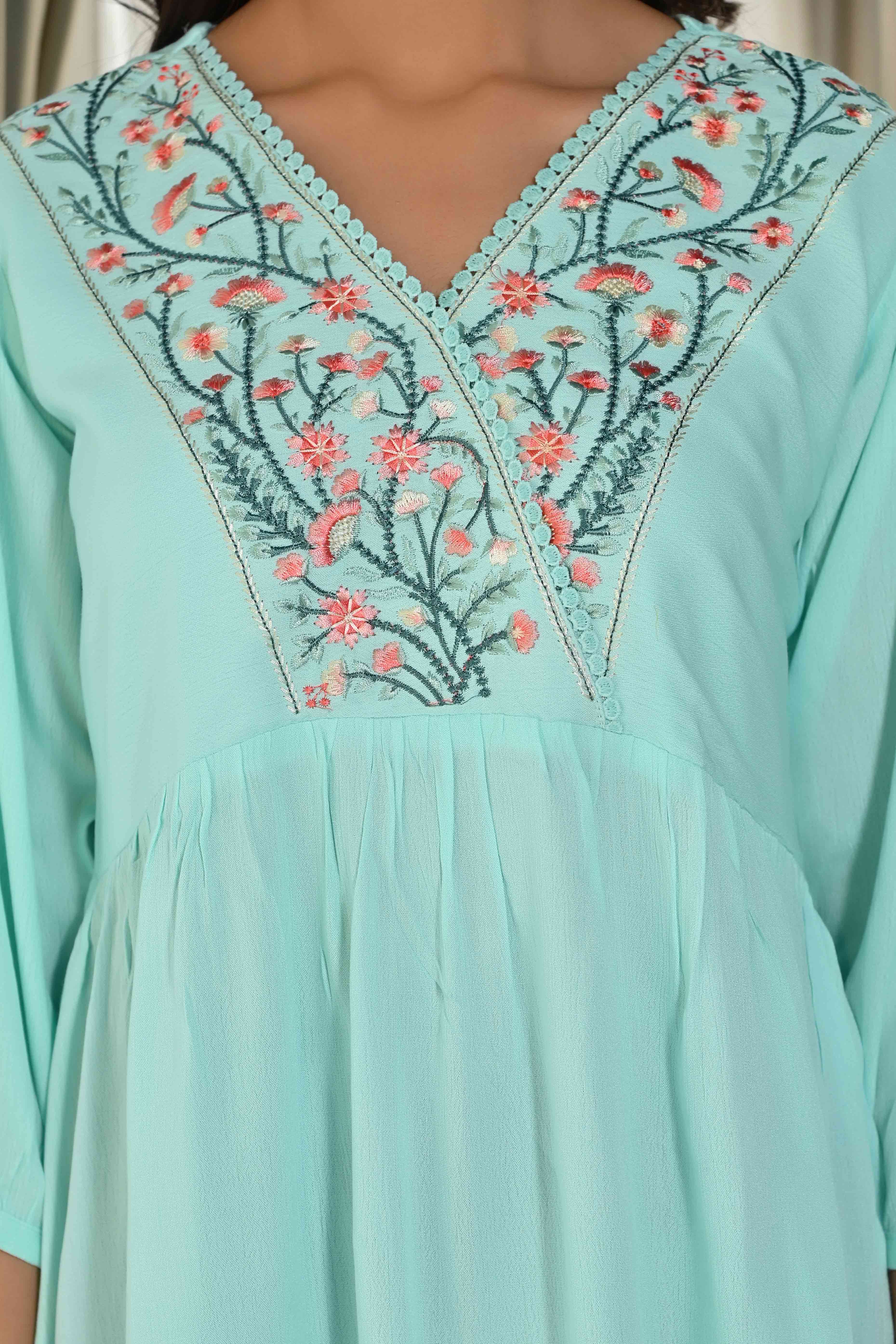 Sea Green Rayon Yoke Embroidered Rayon Rinkle Top