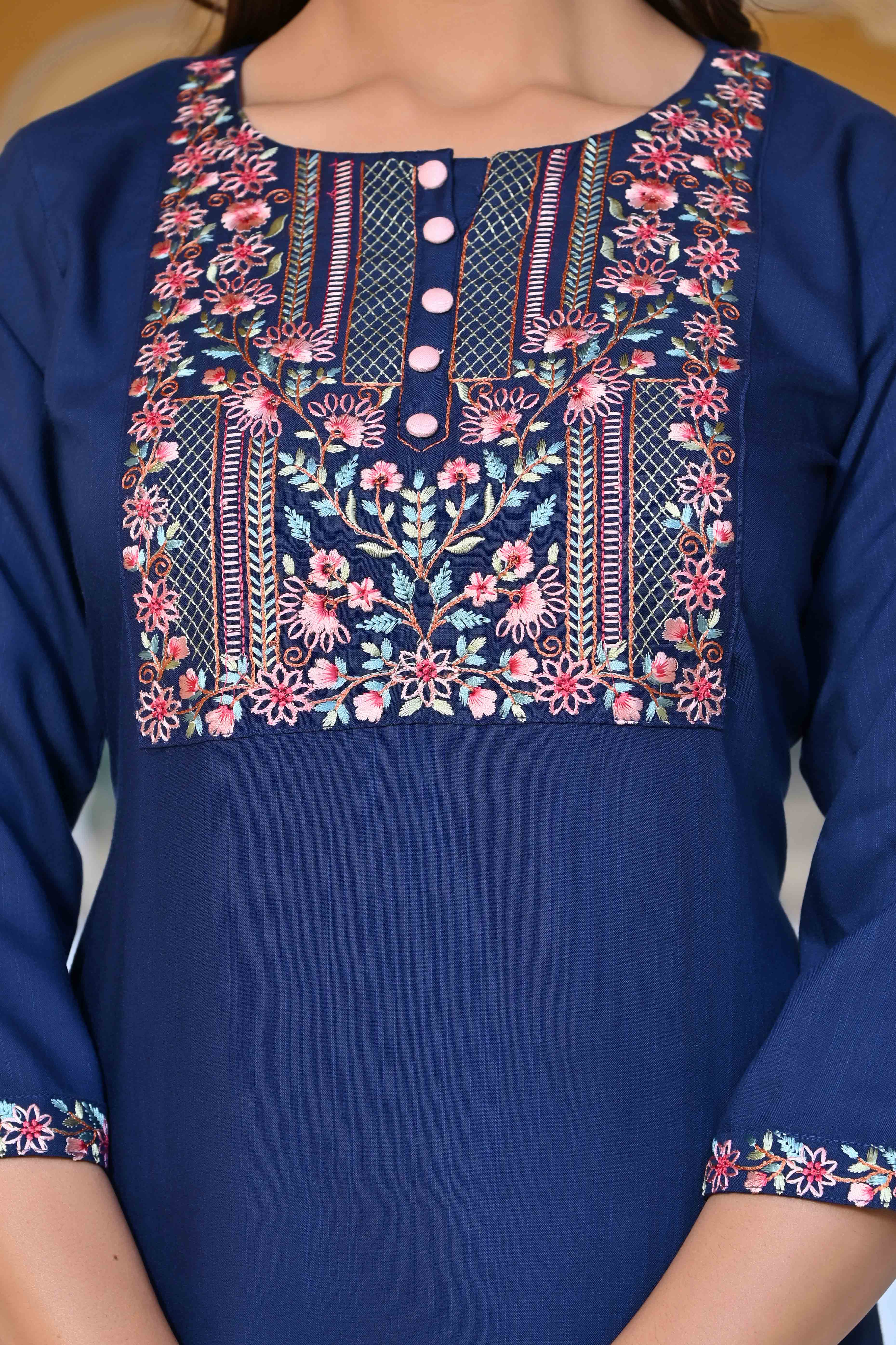 Blue Yoke Embroidered Rayon Slub Straight Kurti