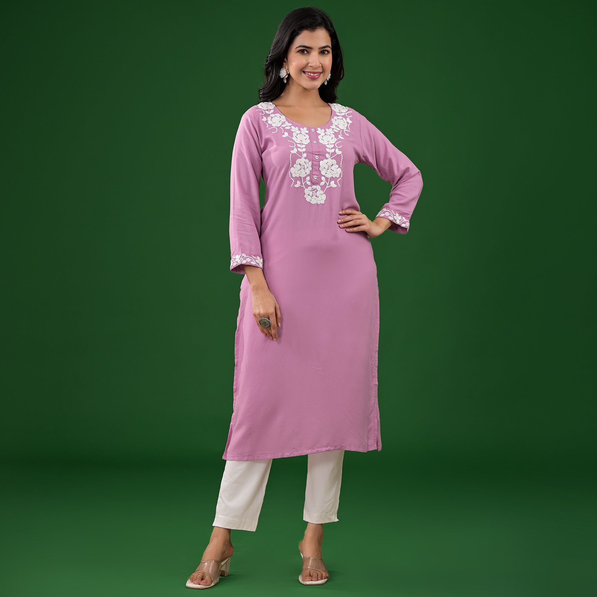 Pink Embroidered Rayon Straight Kurti