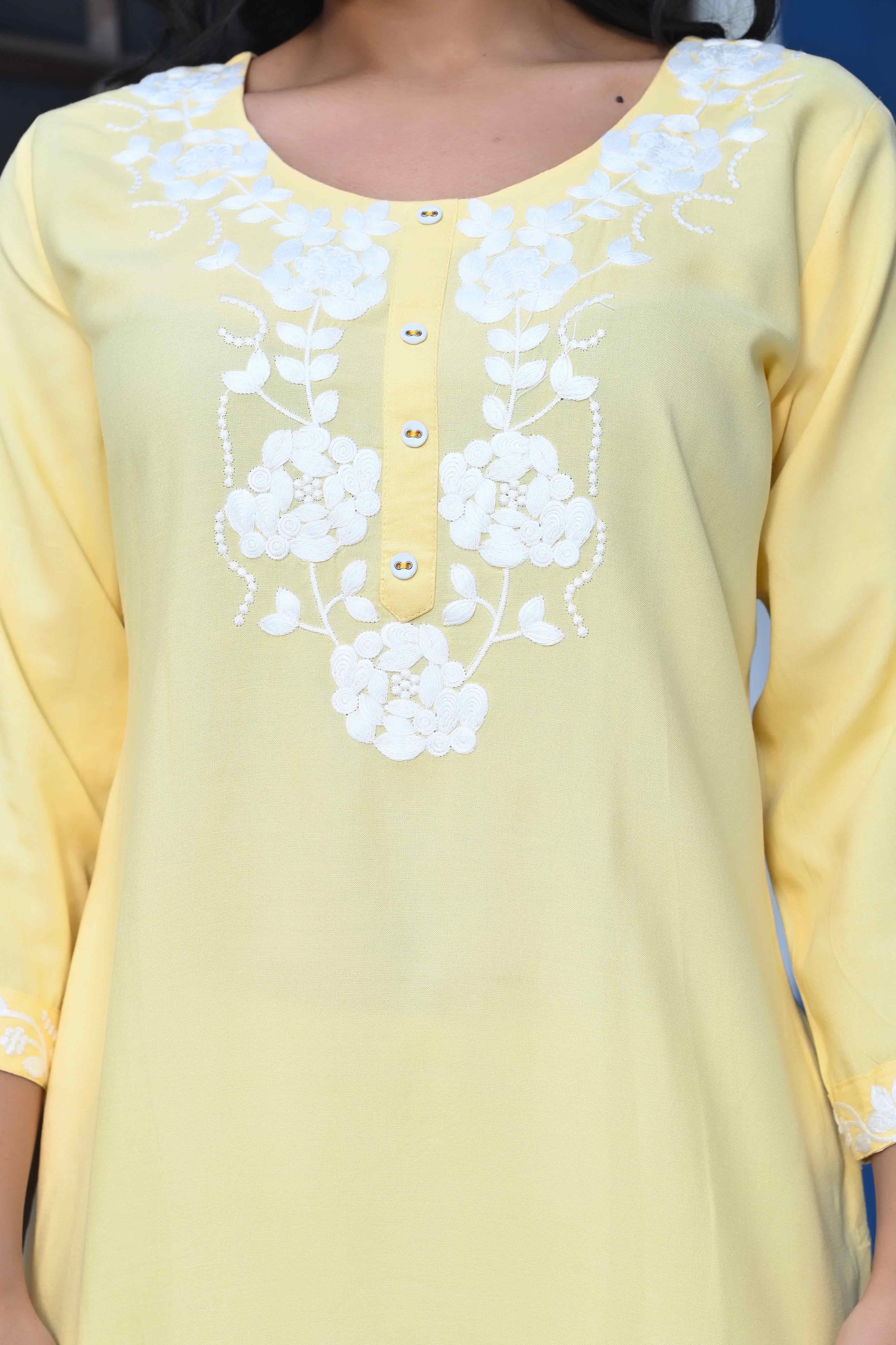 Yellow Embroidered Rayon Straight Kurti