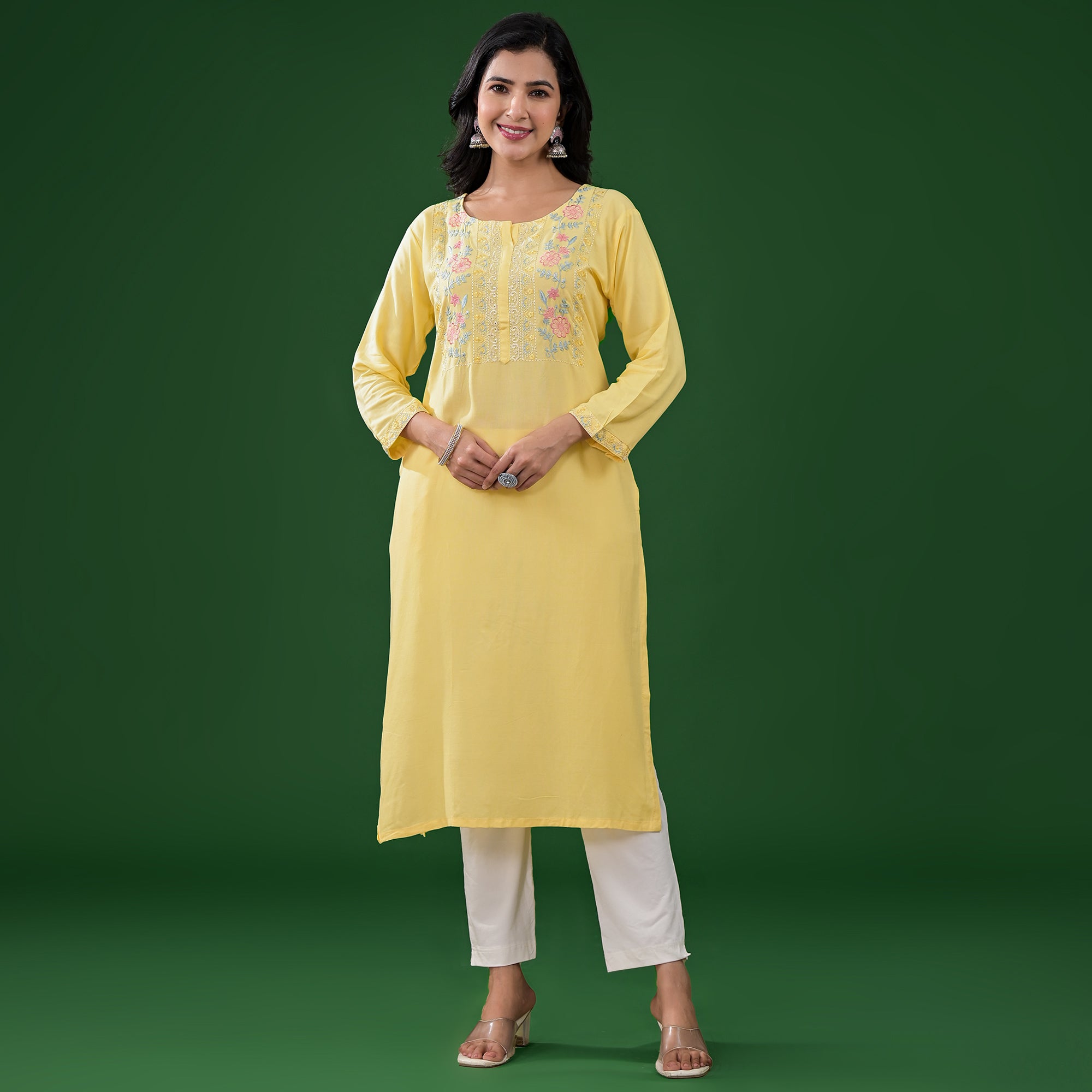 Yellow Embroidered Rayon Straight Kurti