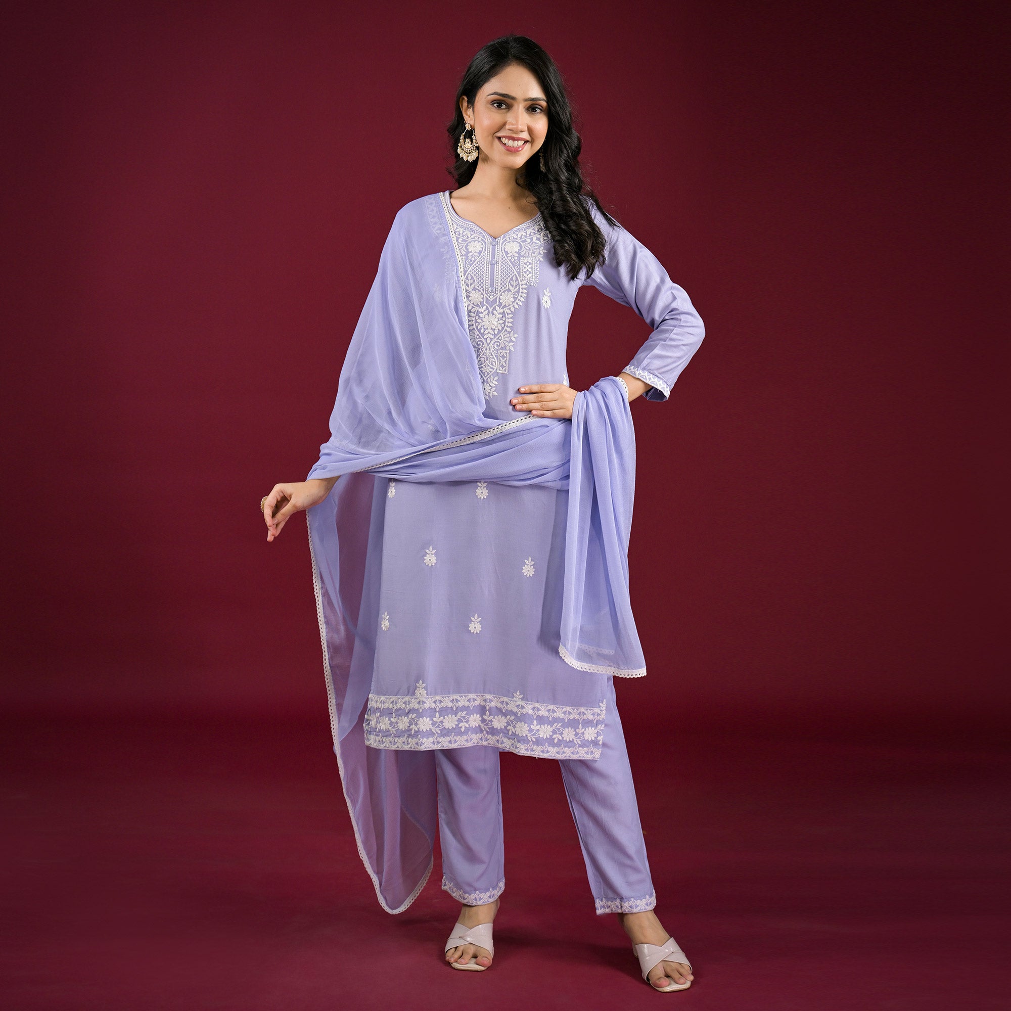 Bluish Lavender Floral Embroidered Rayon Salwar Suit