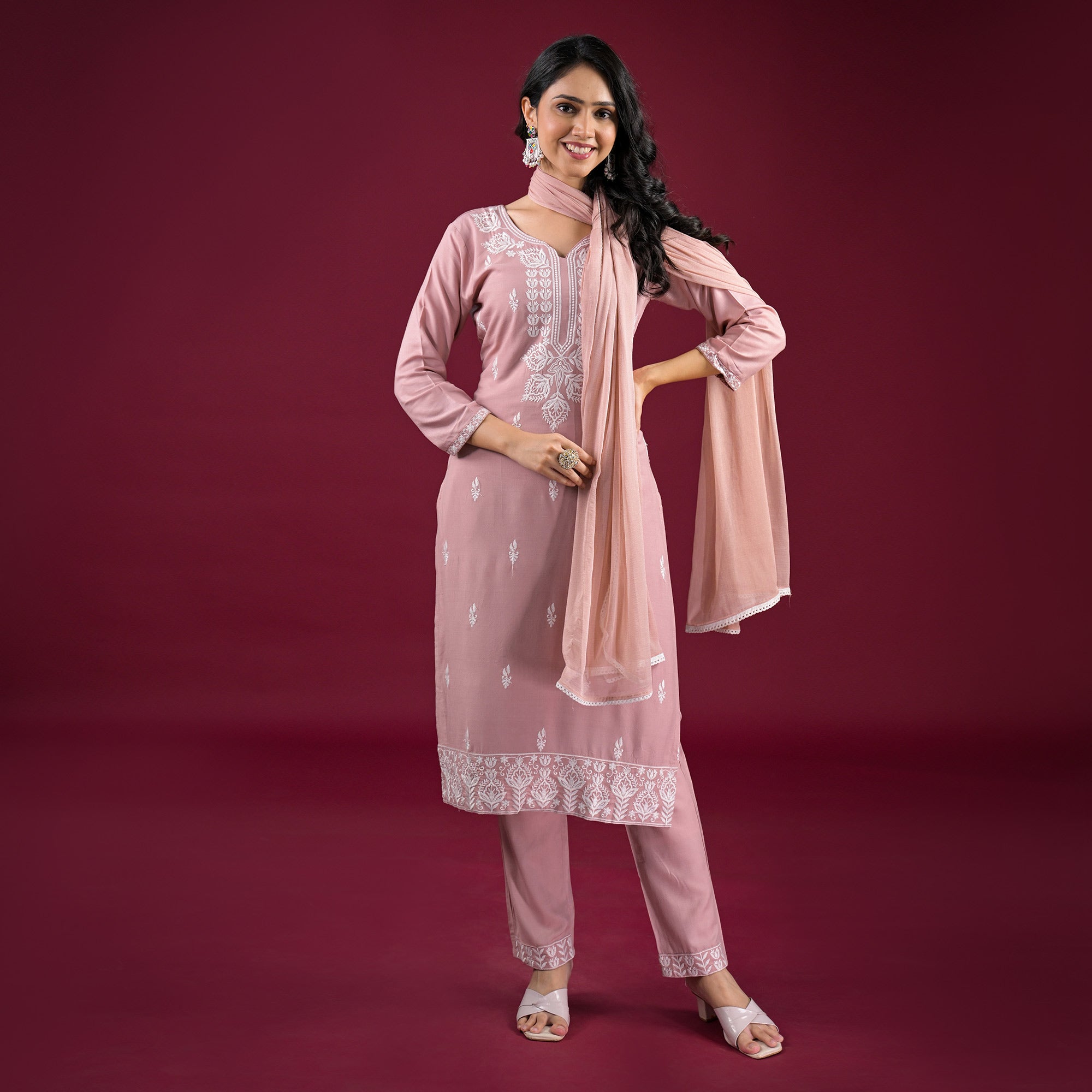 Mauve Floral Embroidered Rayon Salwar Suit