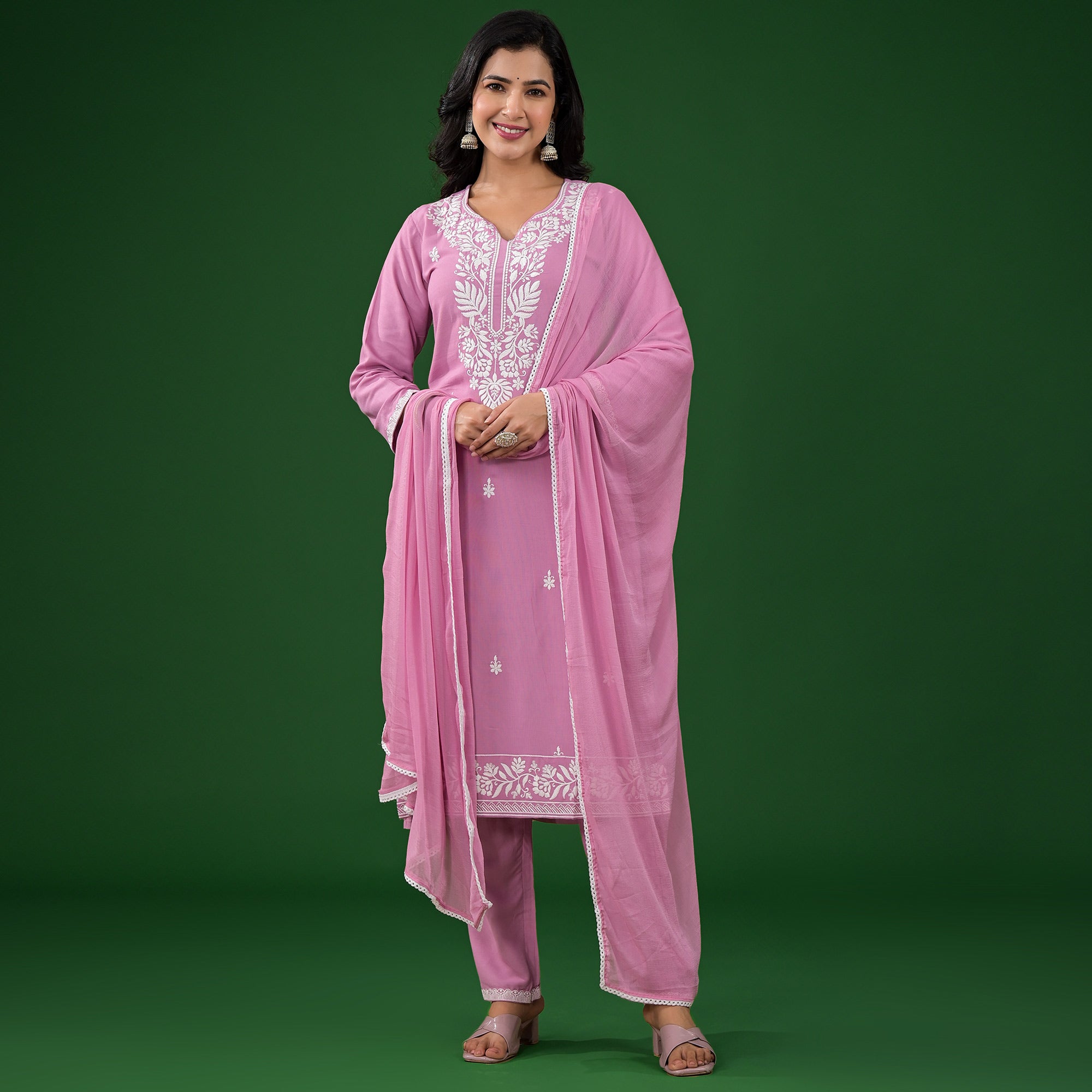 Pink Floral Embroidered Rayon Salwar Suit