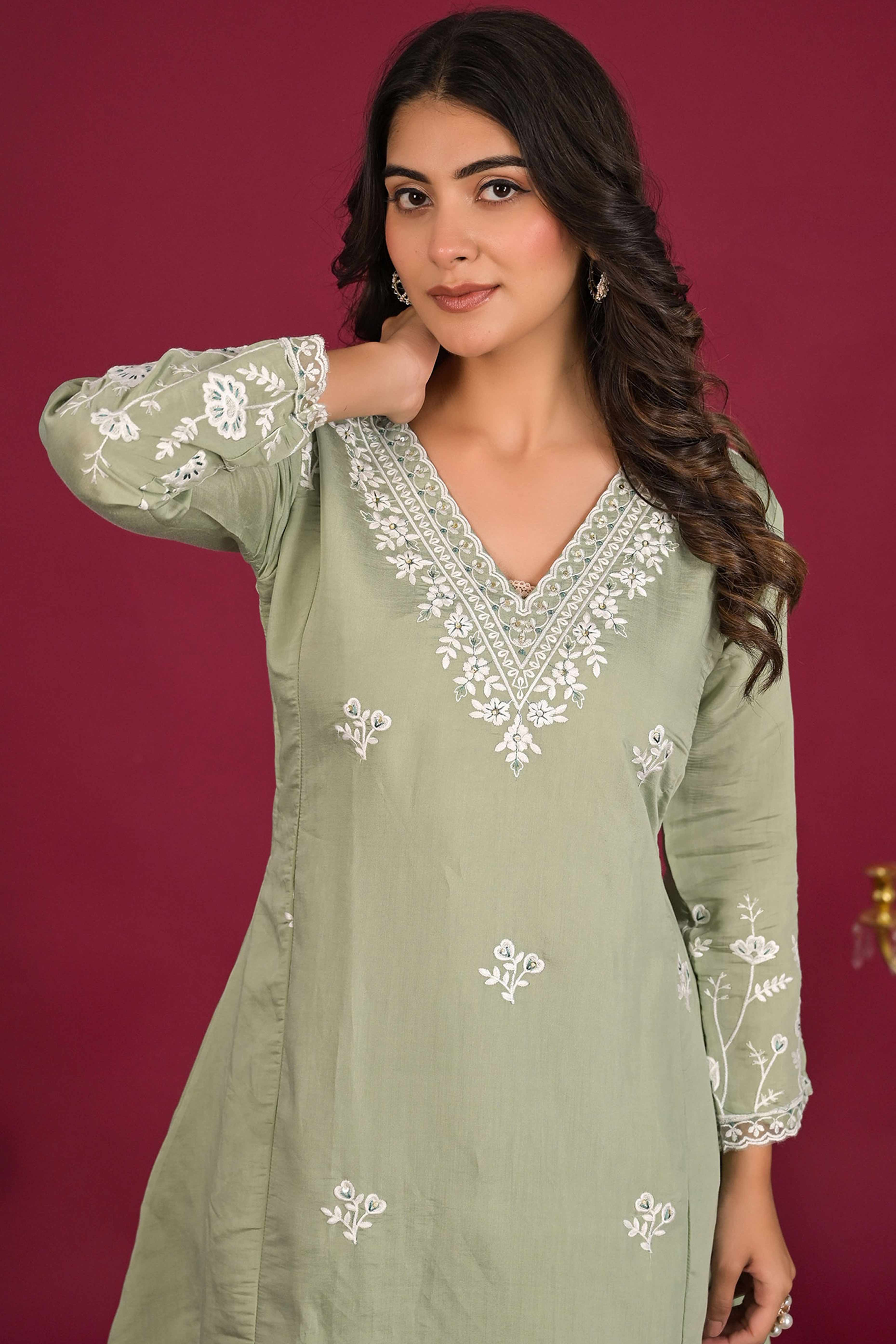 Sea Green Floral Embroidered Chanderi Top Bottom Set
