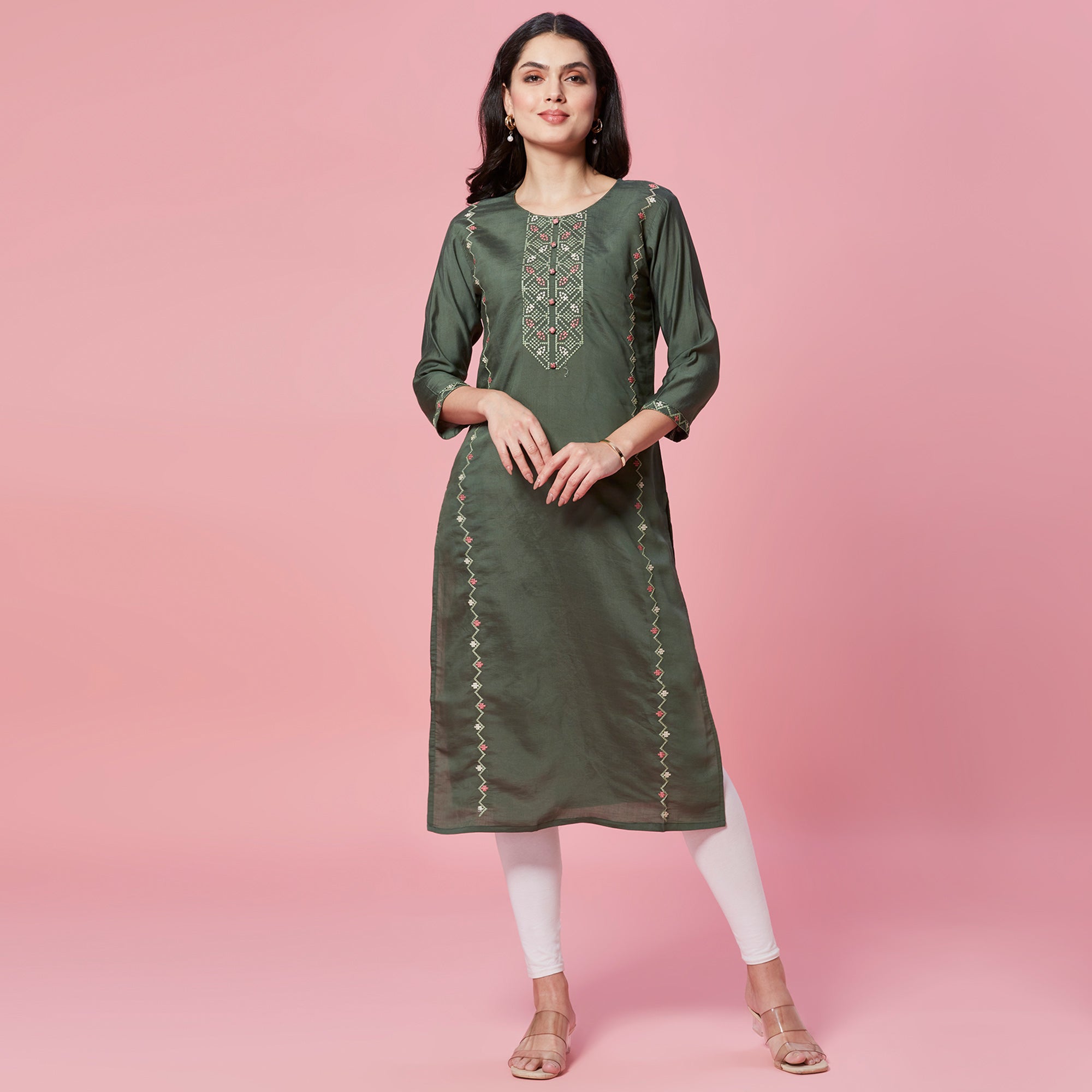 Green Embroidered Chanderi Straight Kurti