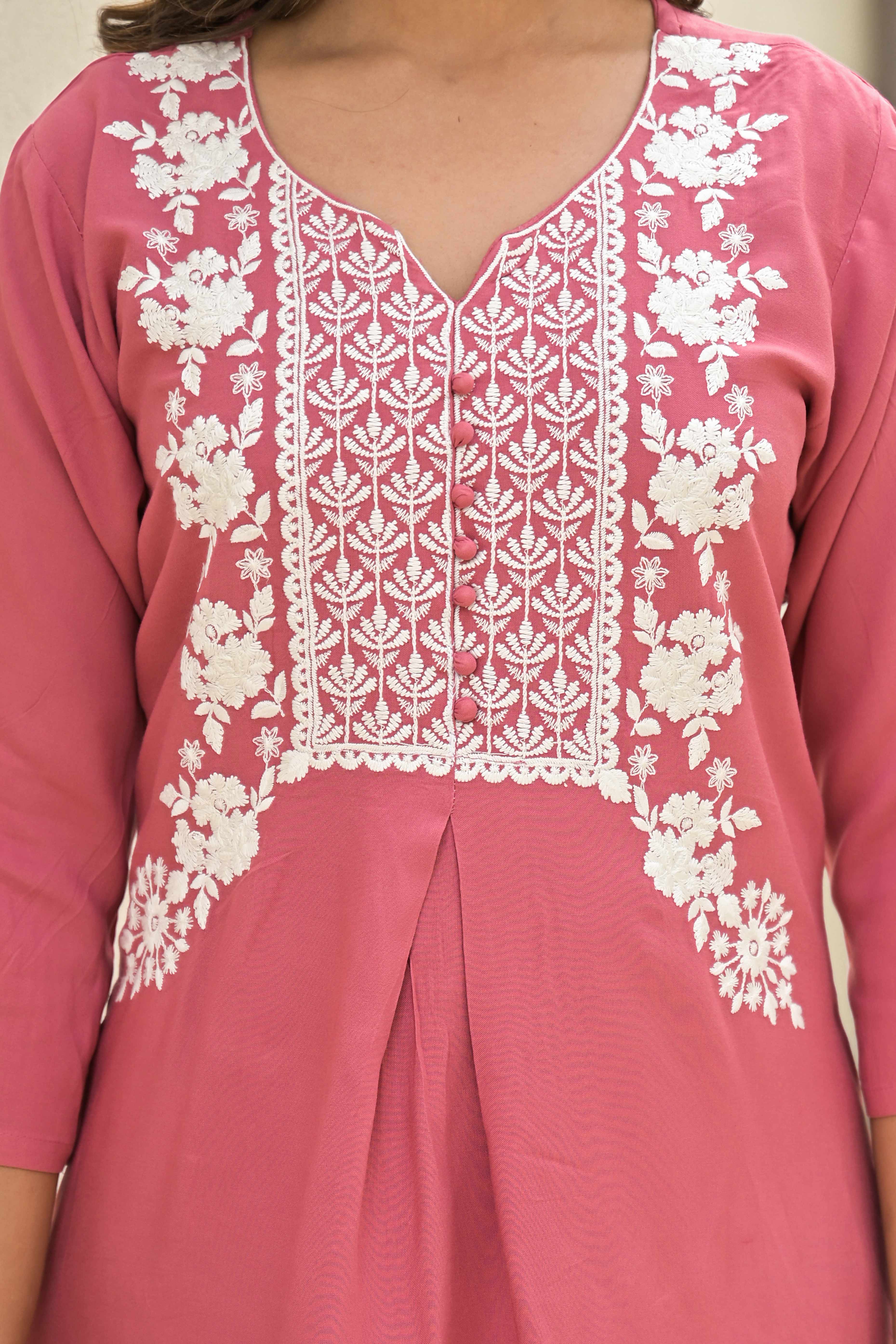 Gajri Pink Floral Embroidered Rayon Salwar Suit