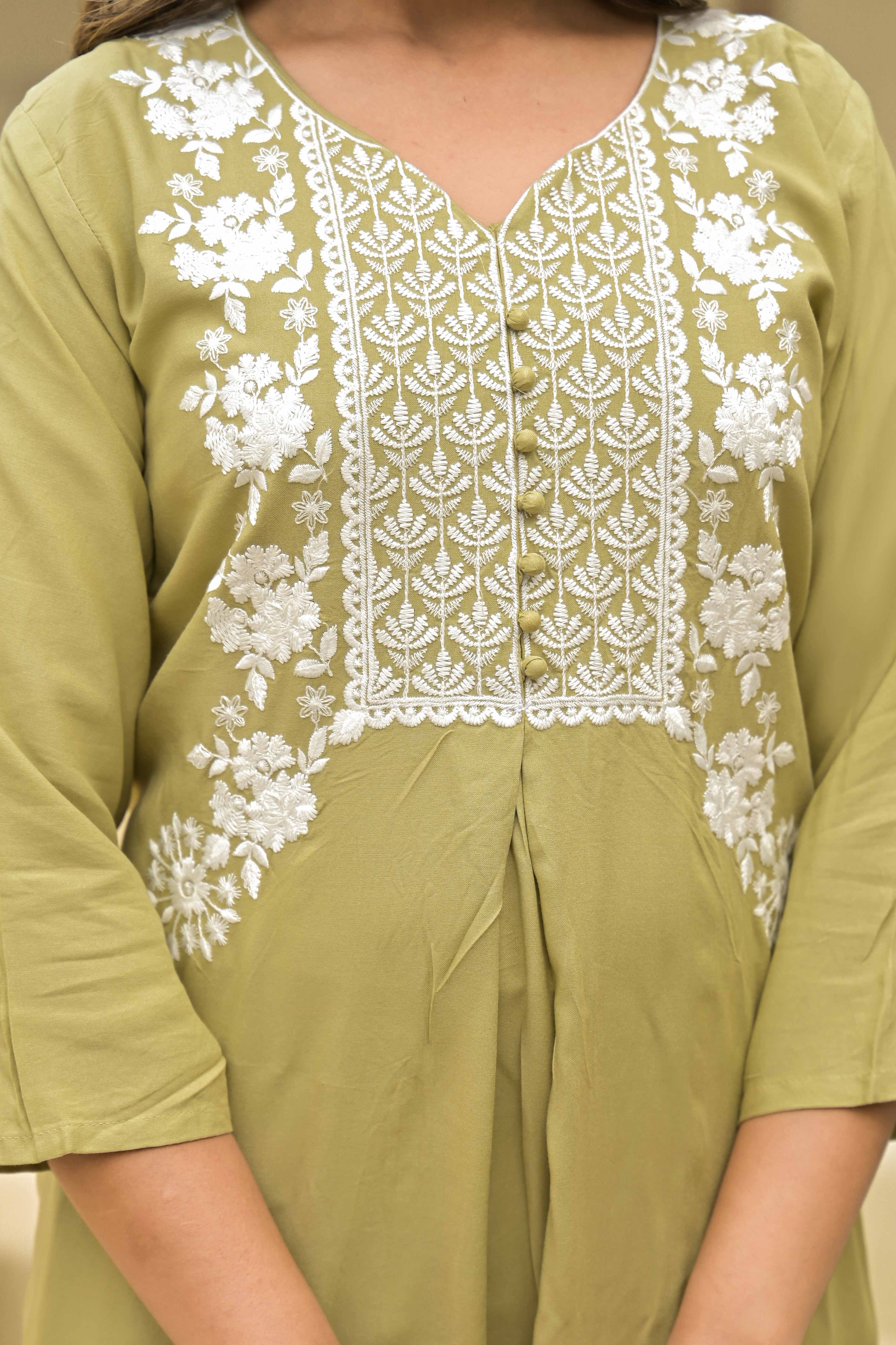 Light Chikoo Floral Embroidered Rayon Salwar Suit