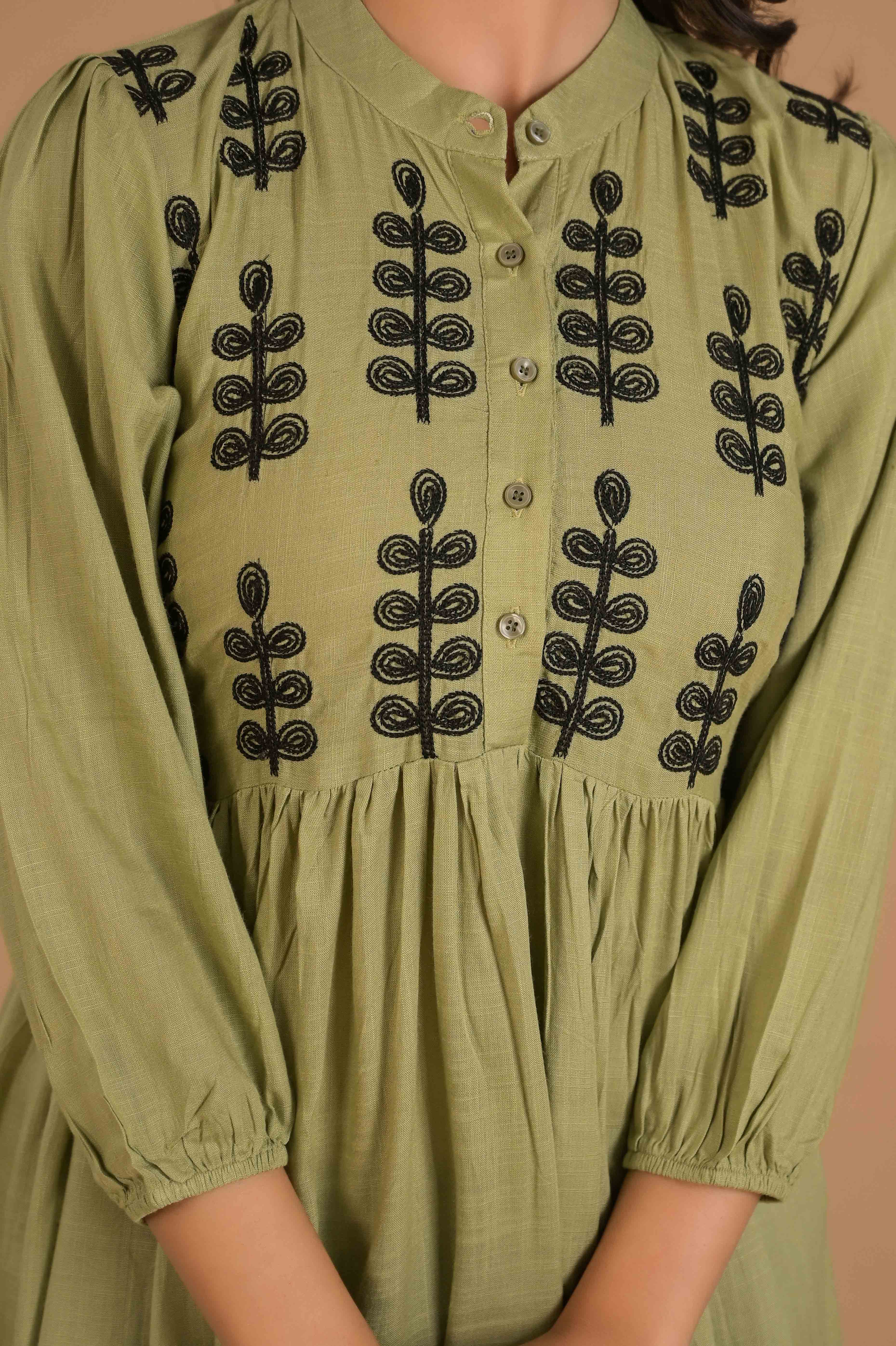 Green Embroidered Cotton Slub A-Line Top