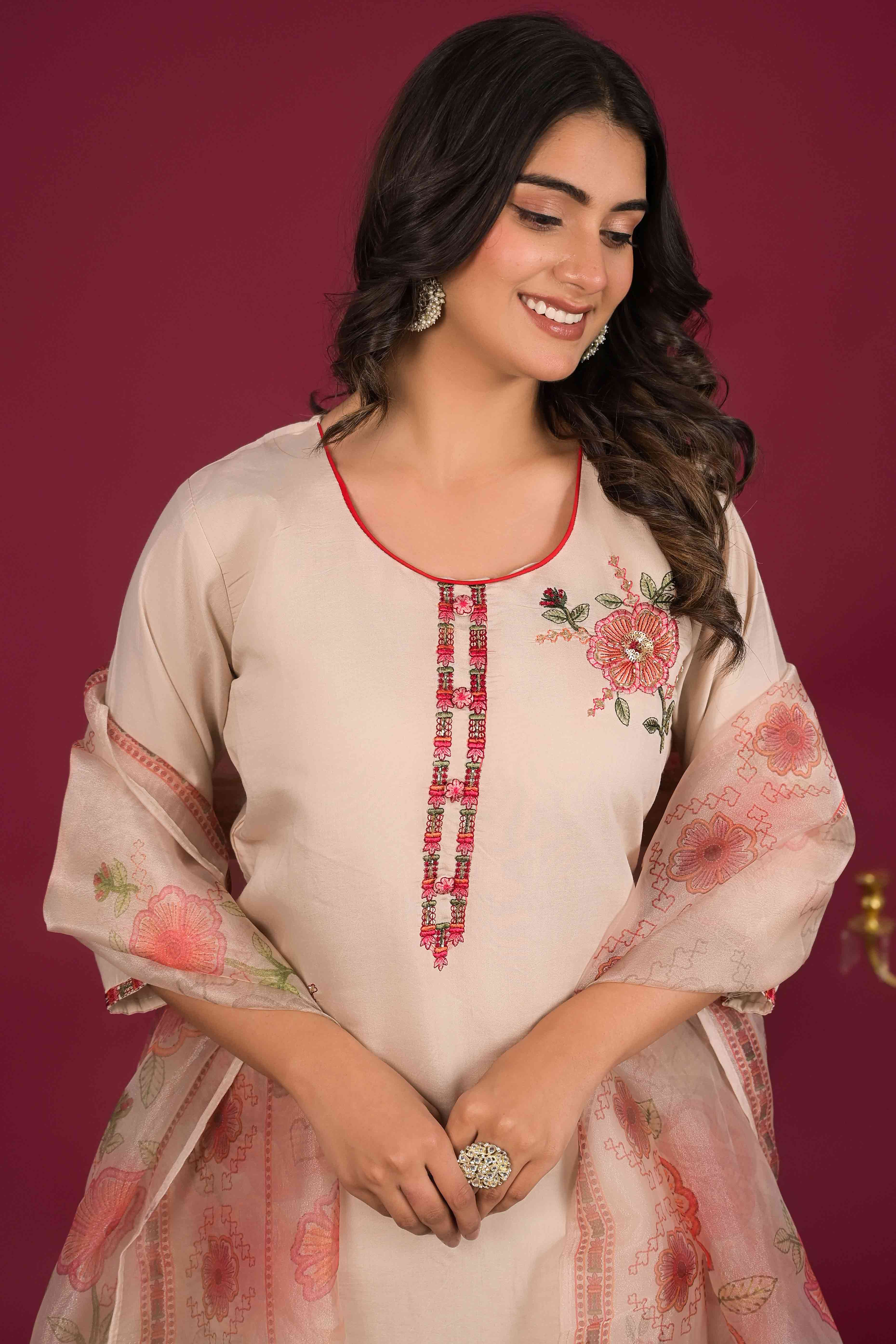 Beige Floral Embroidered Chanderi Salwar Suit