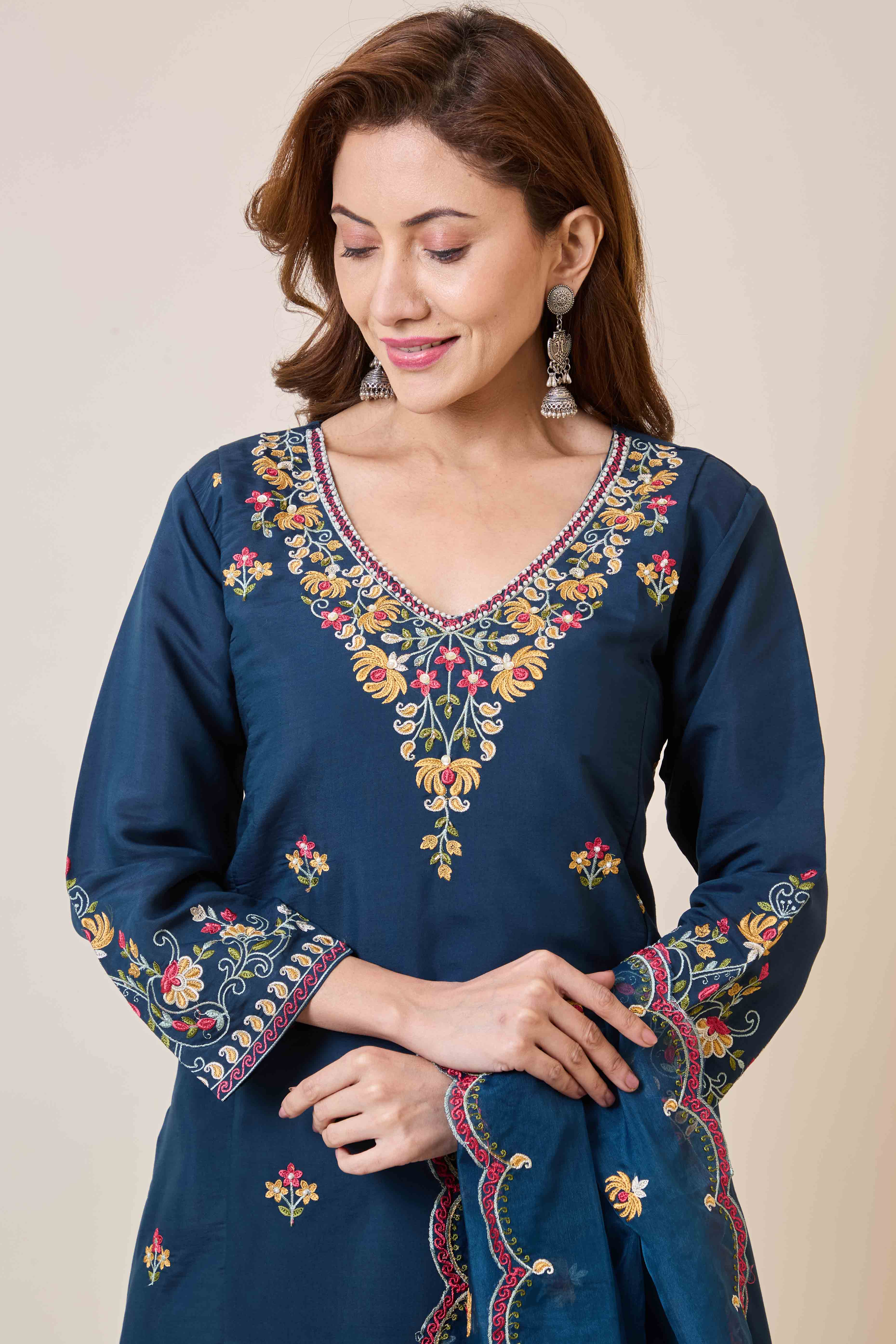 Prussian Blue Floral Hand Work Embroidered Chanderi Salwar Suit