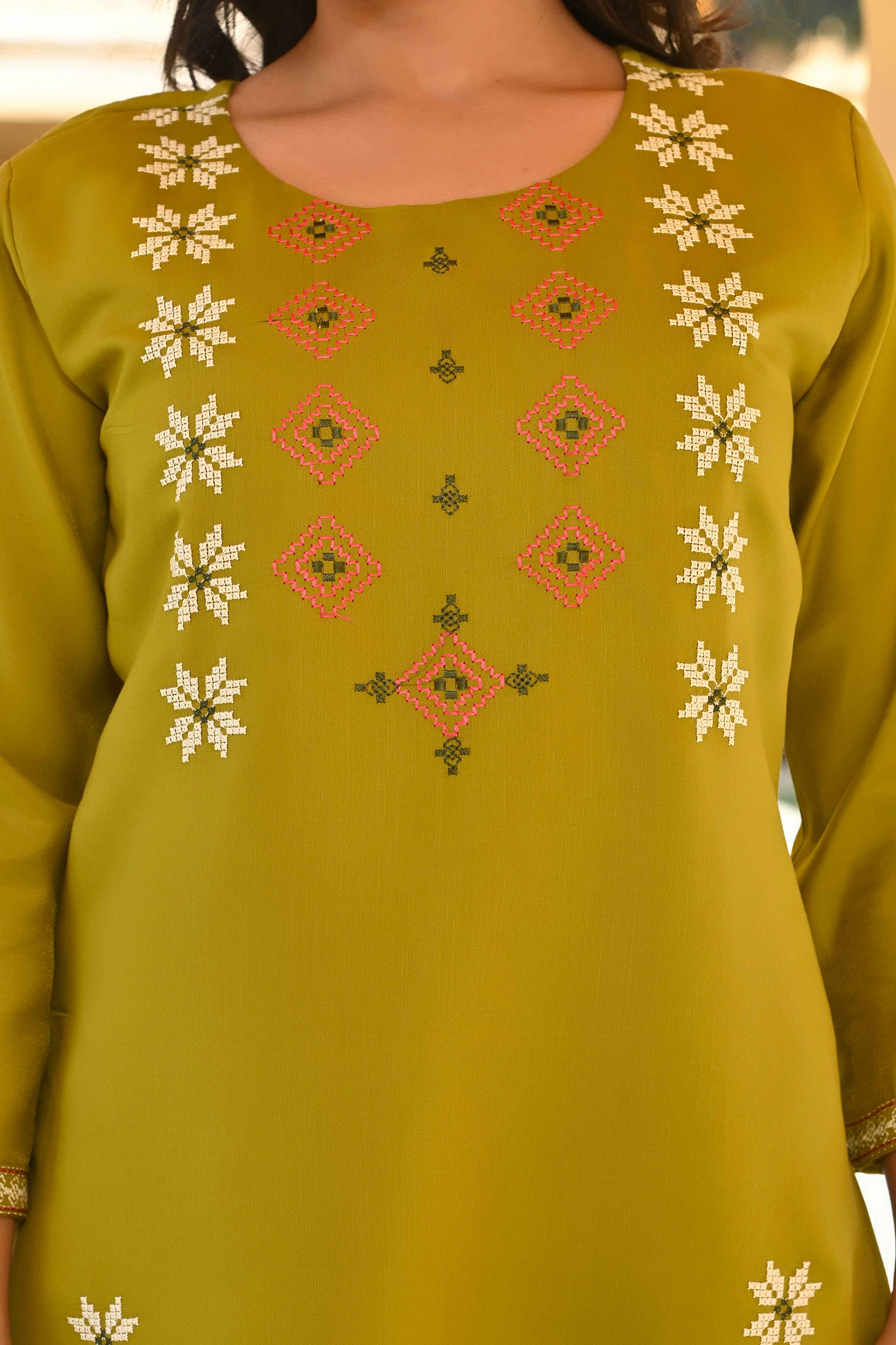 Olive Floral Embroidered Viscose Straight Kurti