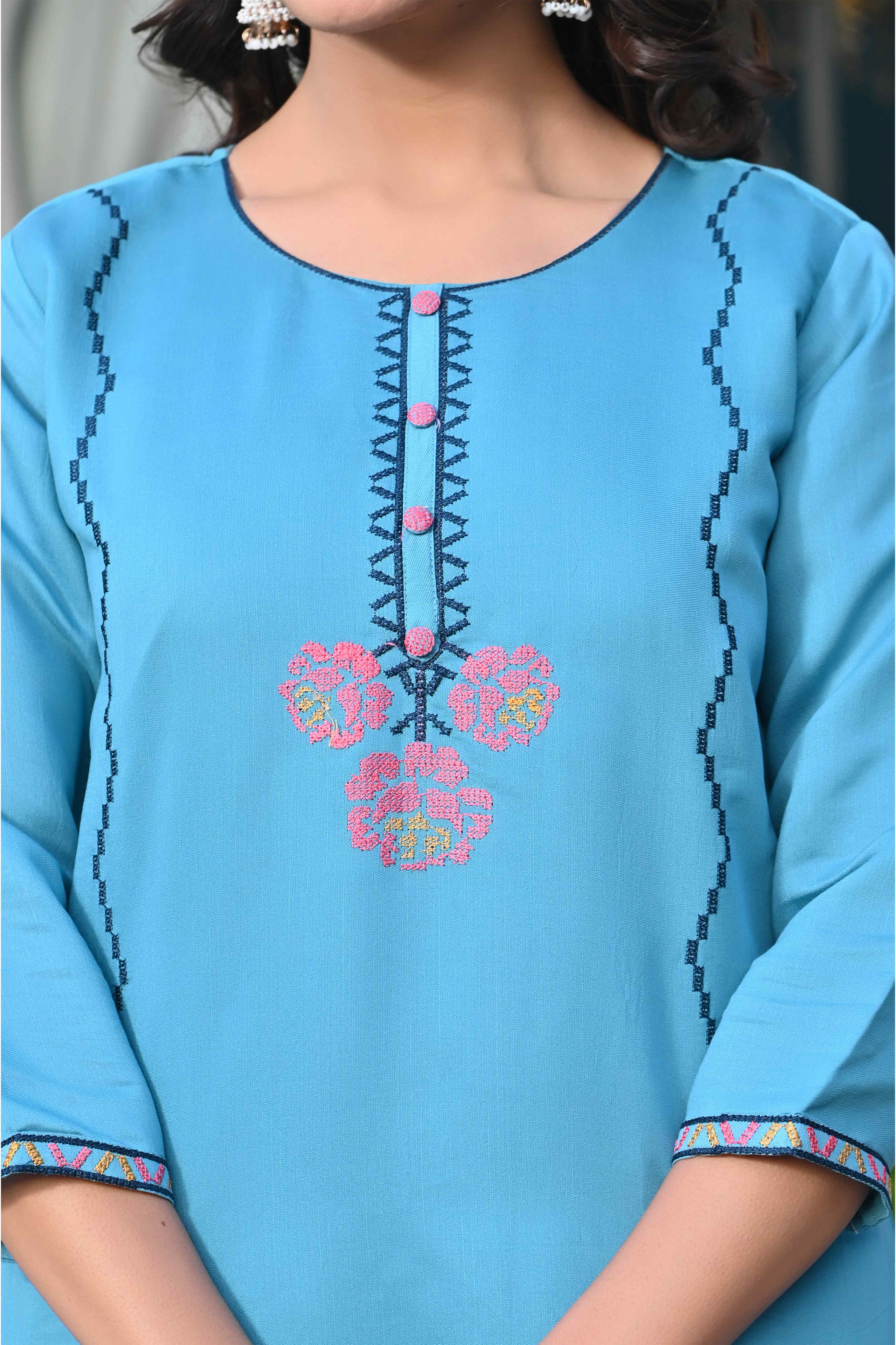 Rama Blue Floral Embroidered Viscose Straight Kurti