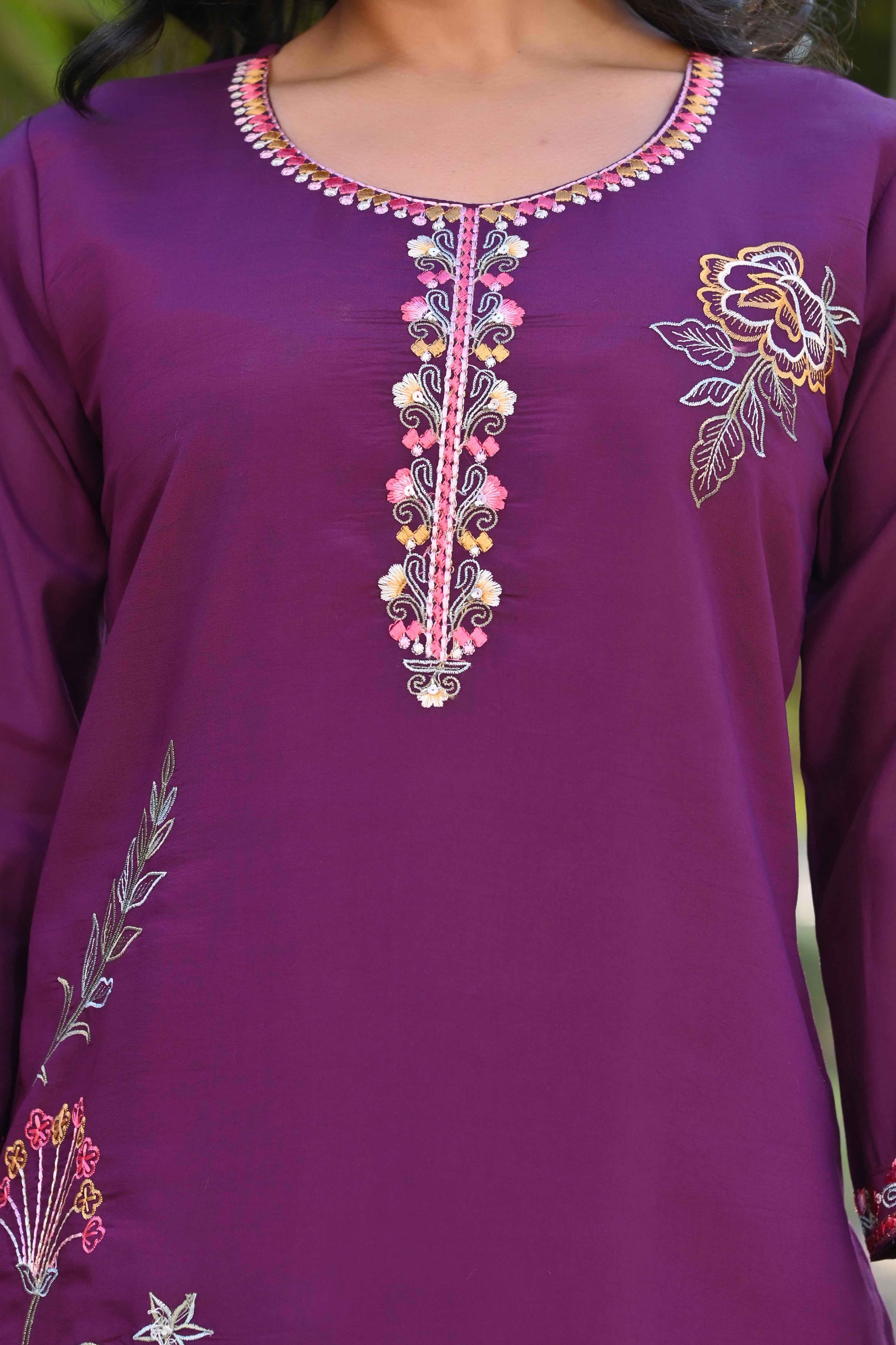 Dark Purple Floral Hand Work Viscose Straight Salwar Suit