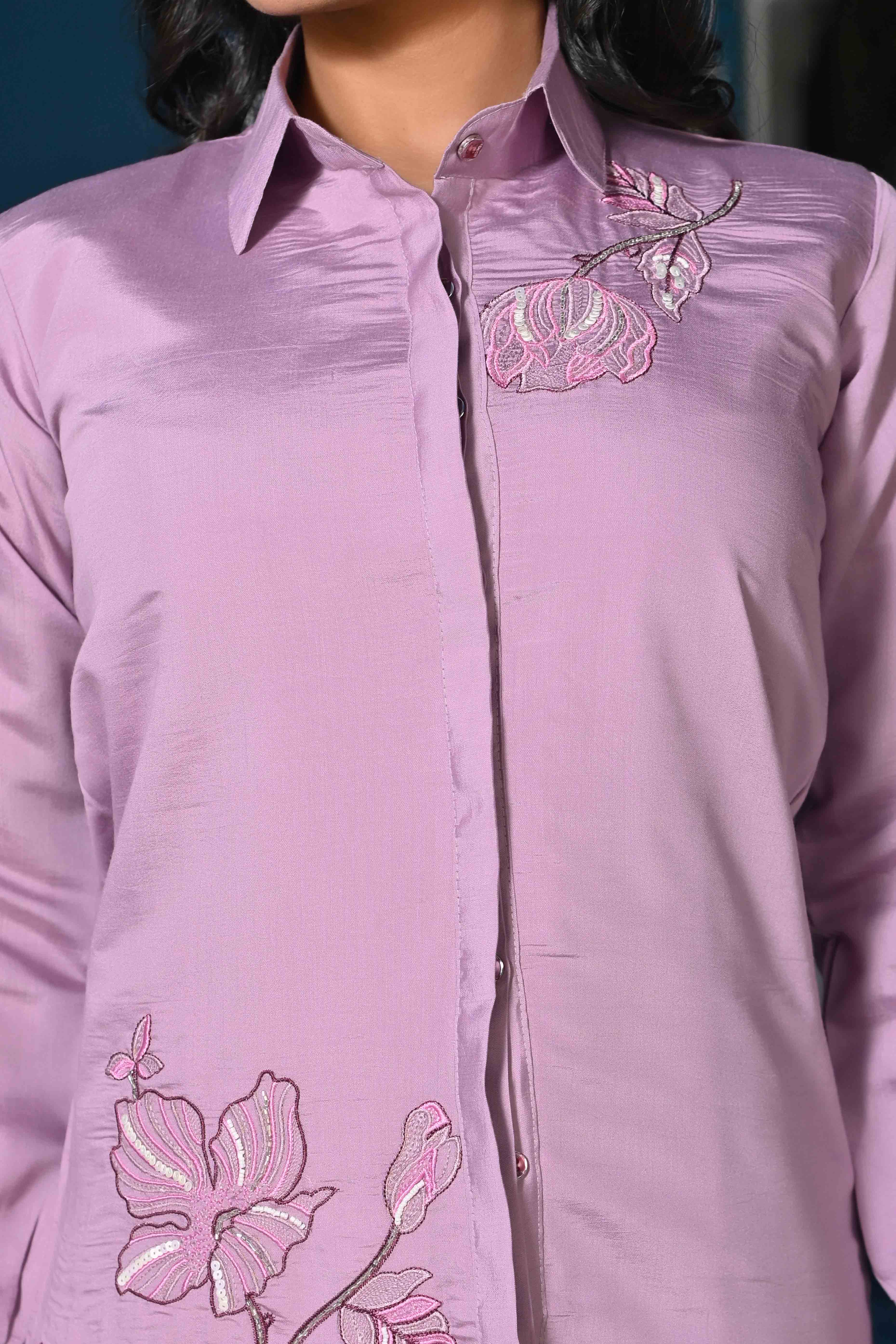 Mauve Floral Hand Work Embroidered Chanderi Co-Ord Set