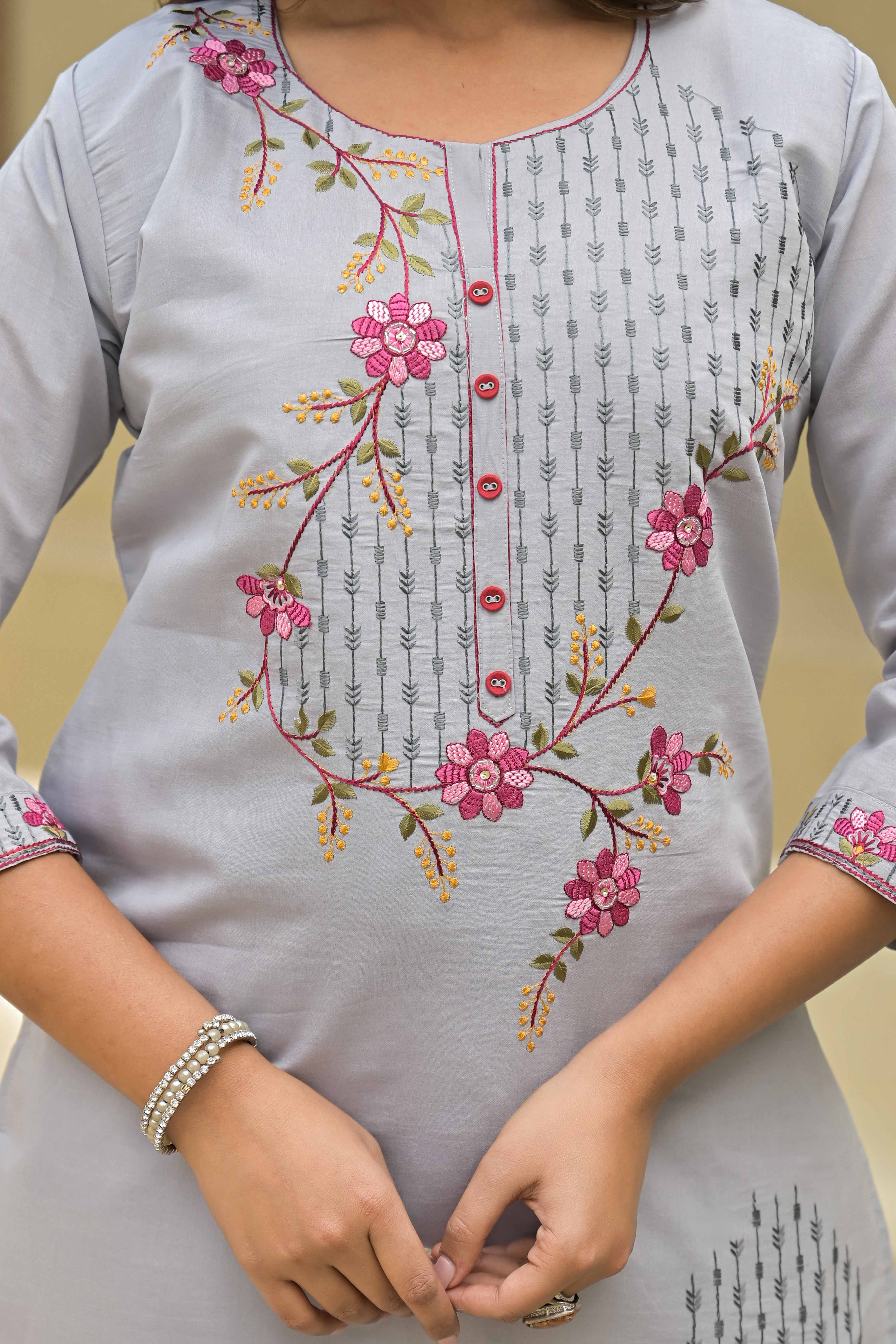 Grey Floral Embroidered Chanderi Straight Kurti With Handwork