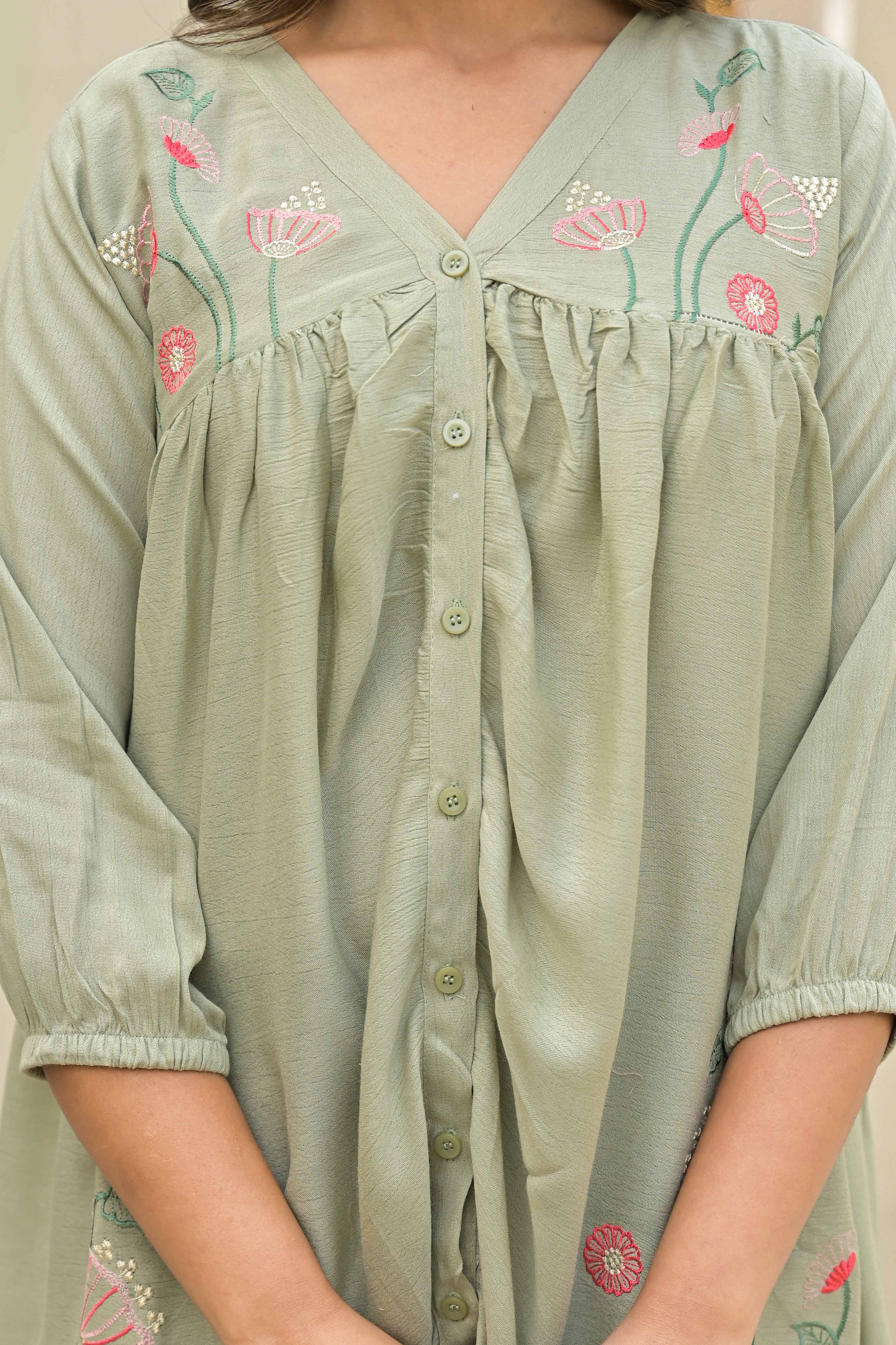 Sage Green Floral Embroidered Viscose Top