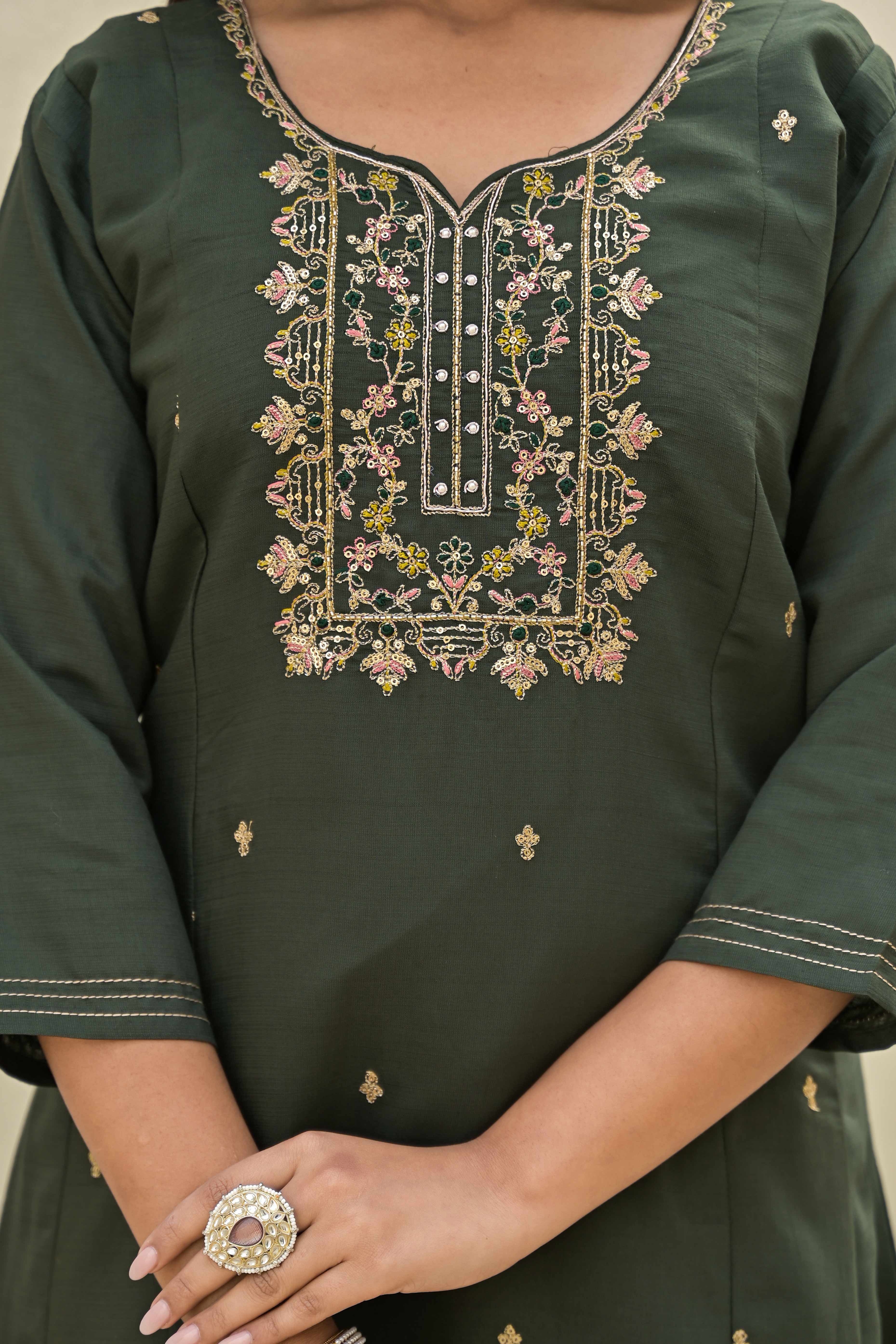 Mehandi Green Floral Embroidered Viscose A-Line Salwar Suit