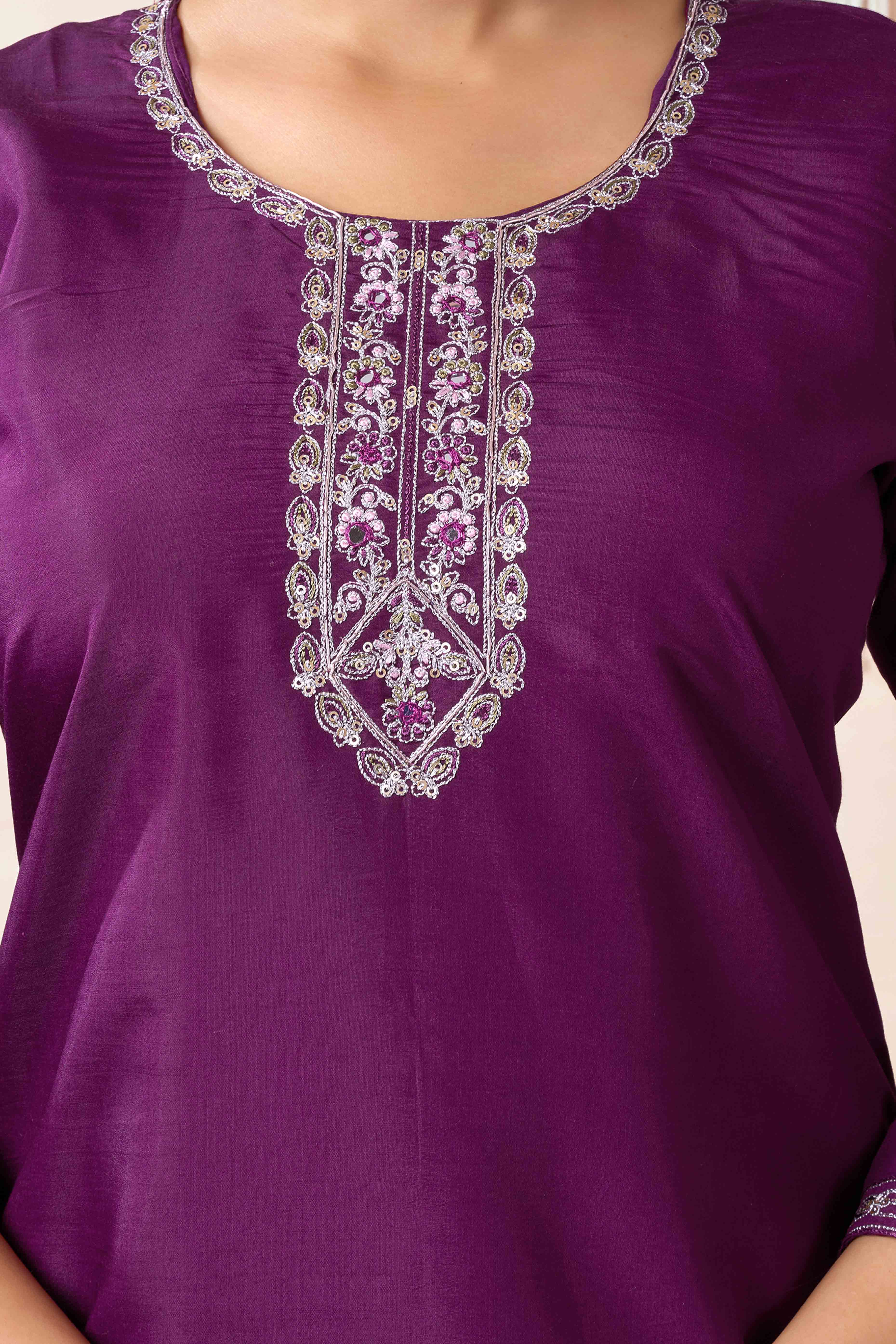 Wine Neck Embroidered Viscose Straight Salwar Suit