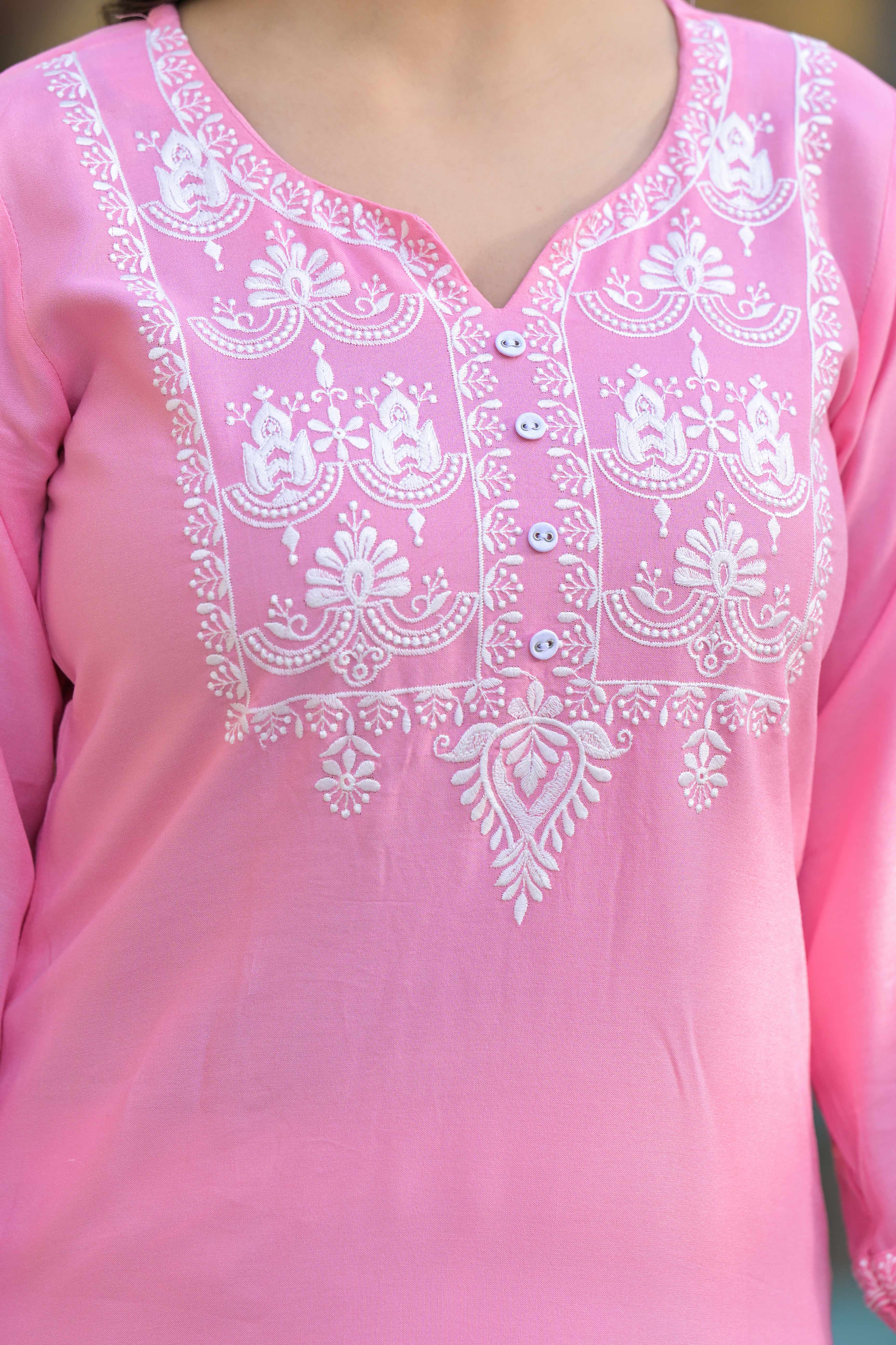 Pink Floral Embroidered Viscose Rayon Straight Top Bottom Set