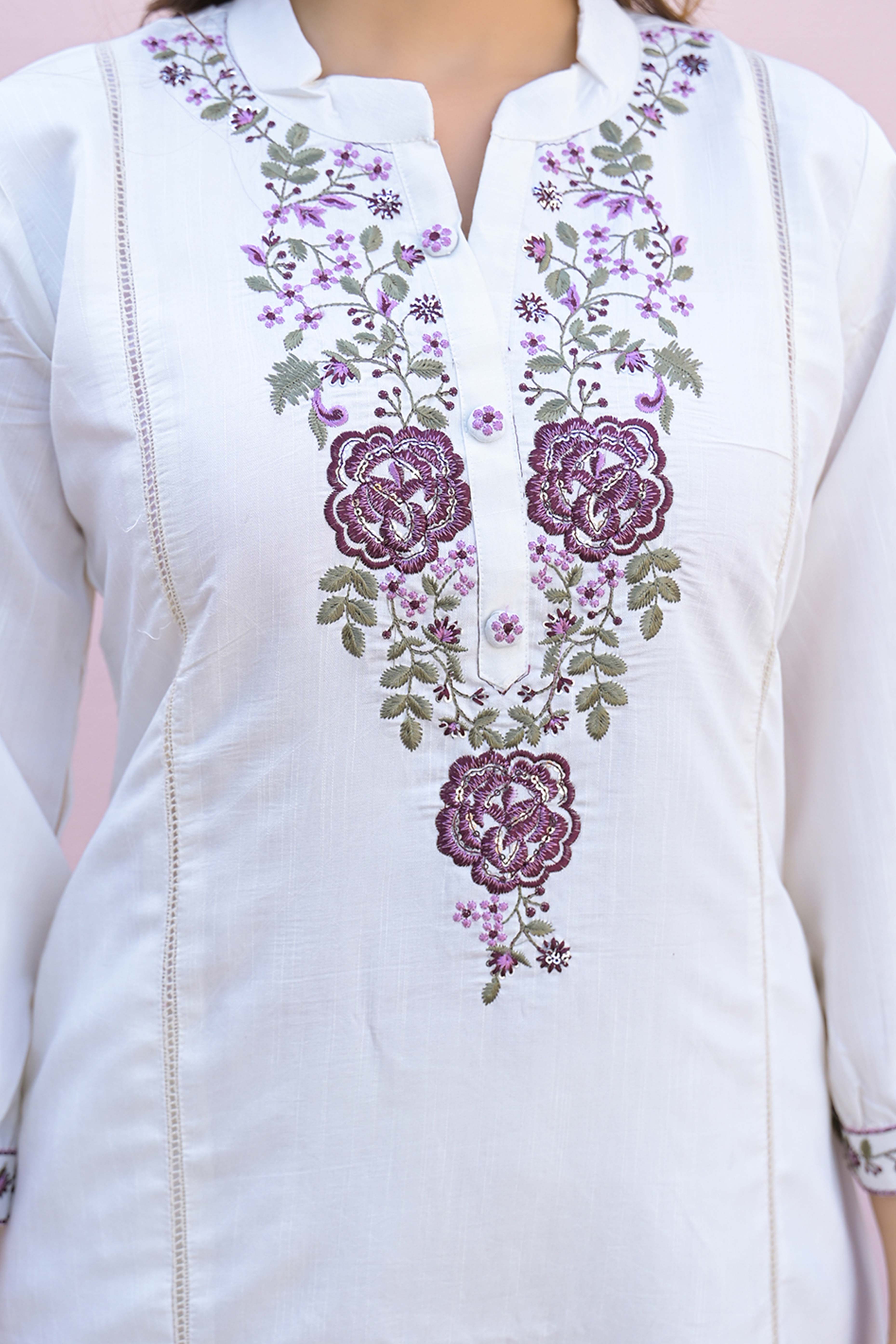 White Viscose Mango Silk A-Line Kurti with Floral Embroidery On Neck