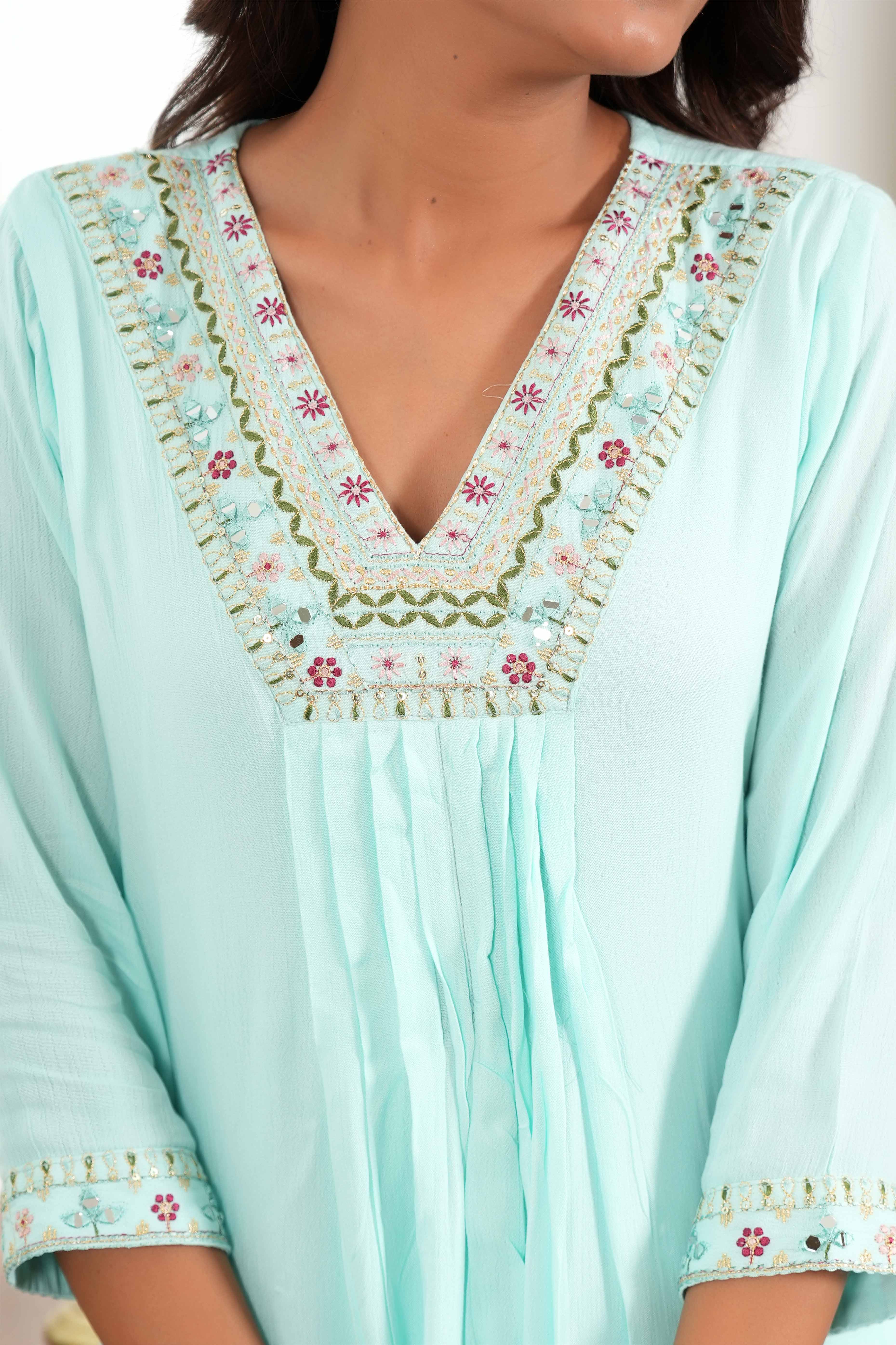 Soft Sky Blue Rayon A-Line Dress Accented with Fine Neck Embroidery