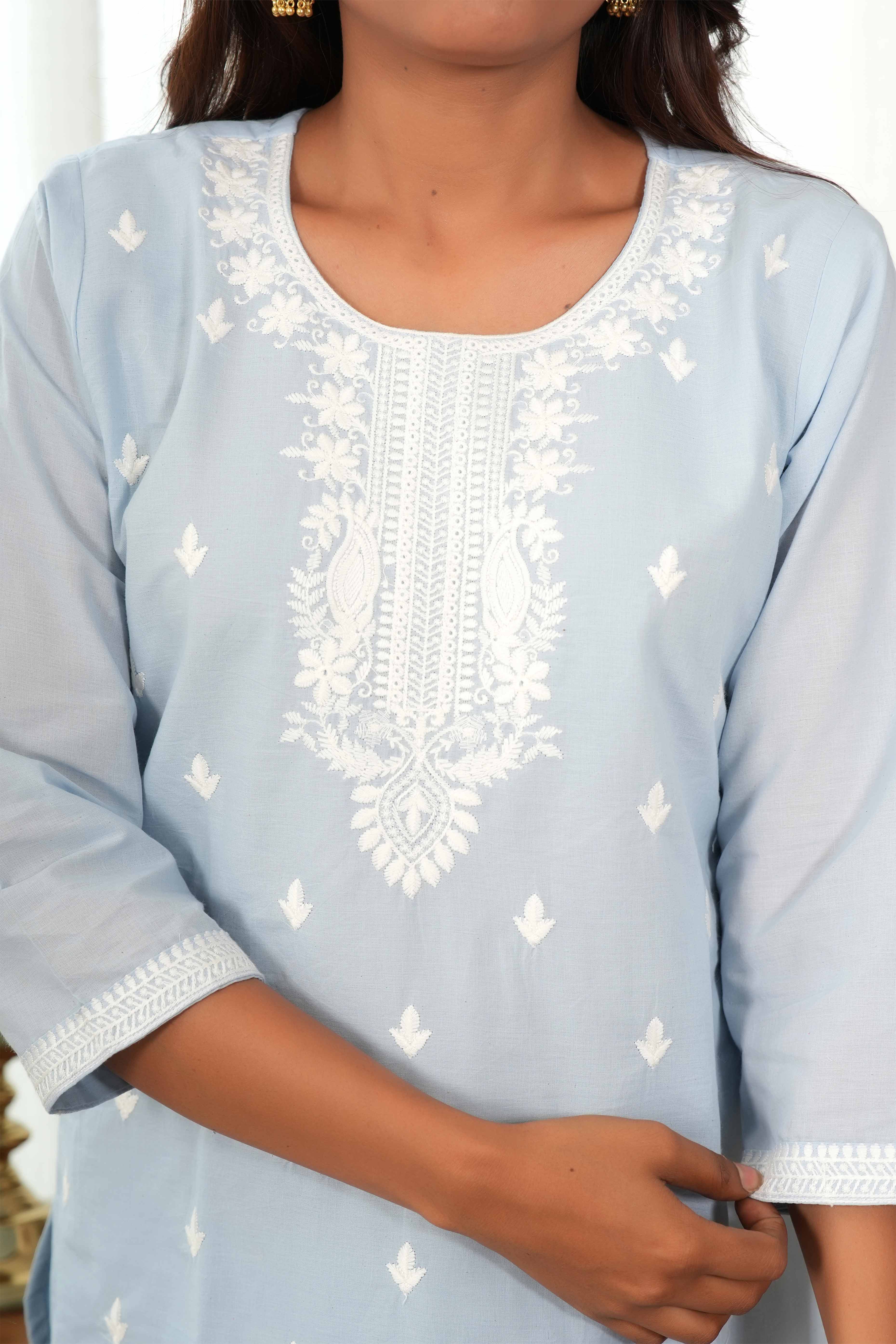 Powder Blue Cotton Suit Set Featuring Exquisite Motif Stitch Work