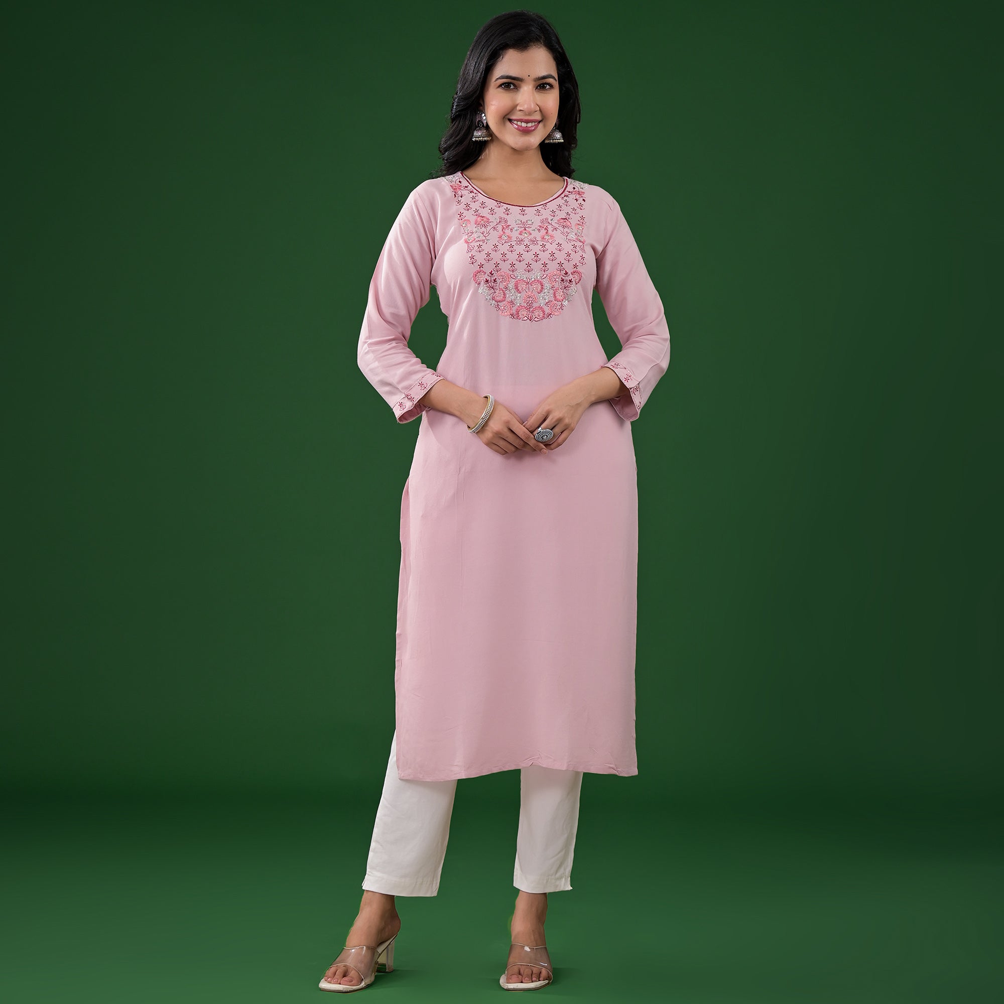 Peach Yoke Embroidered Rayon Straight Kurti