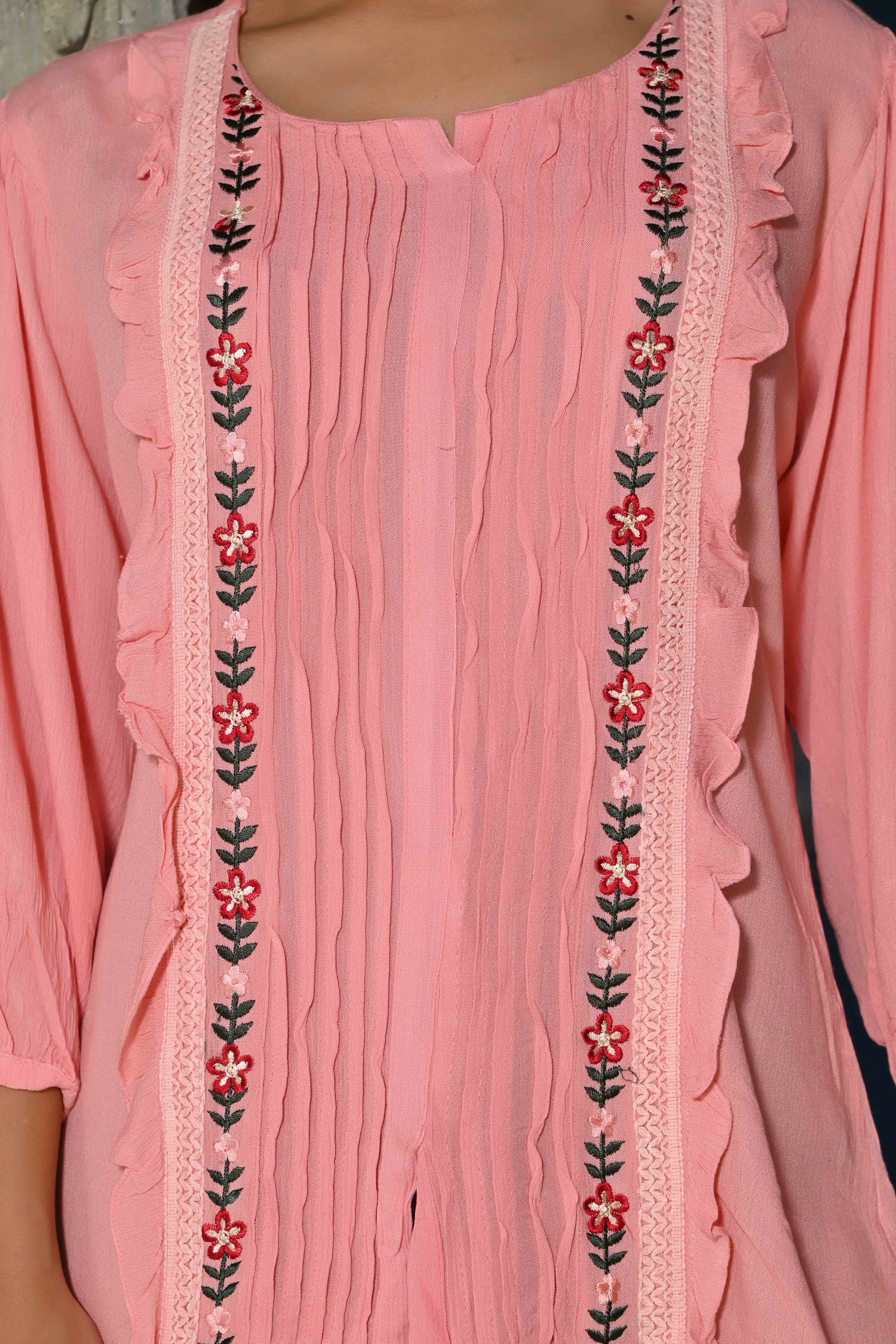 Pink Floral Embroidered Rayon Rinkal Top