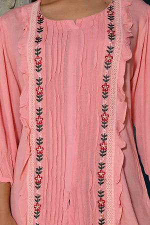 Pink Floral Embroidered Rayon Rinkal Top