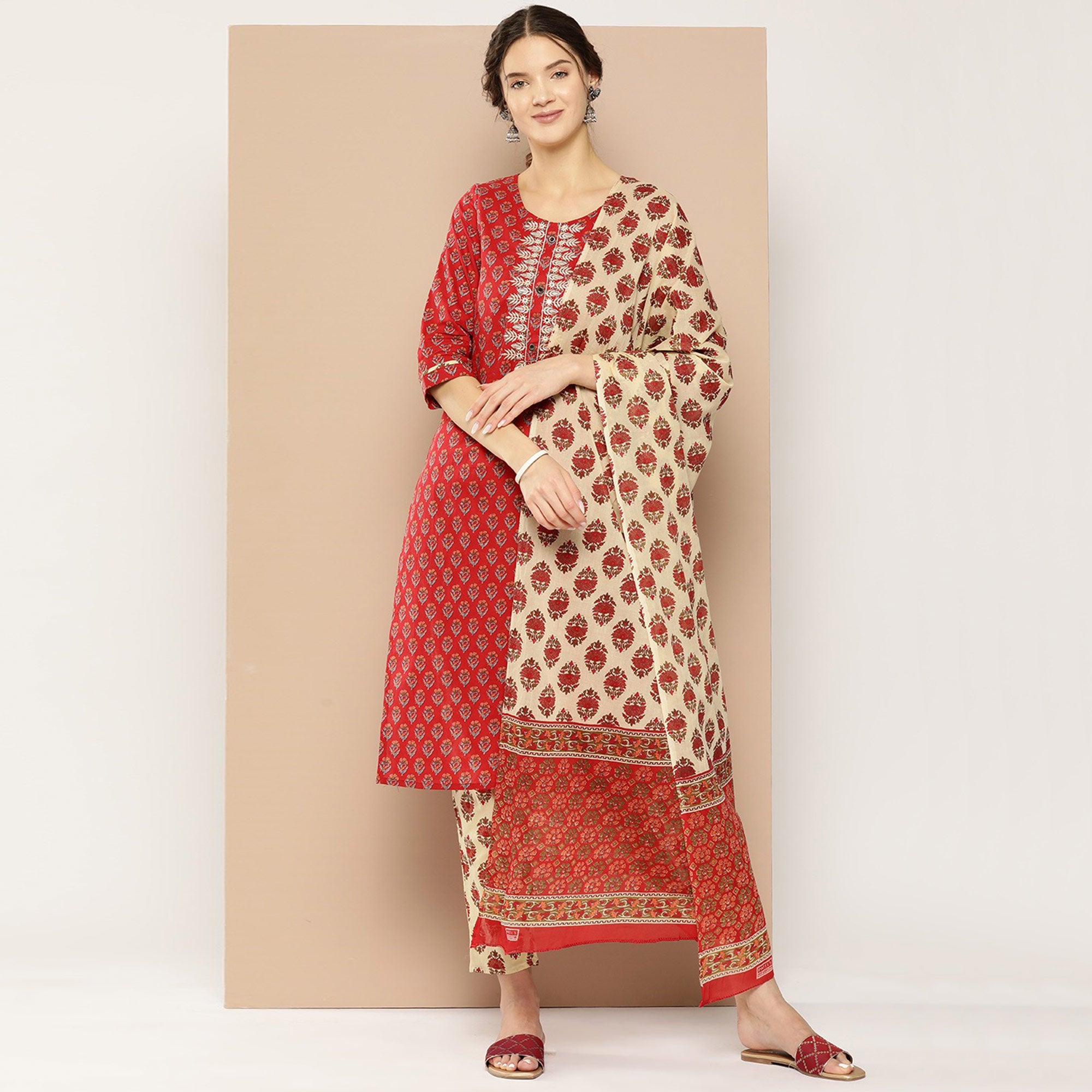 Red Floral Printed Pure Cotton Salwar Suit
