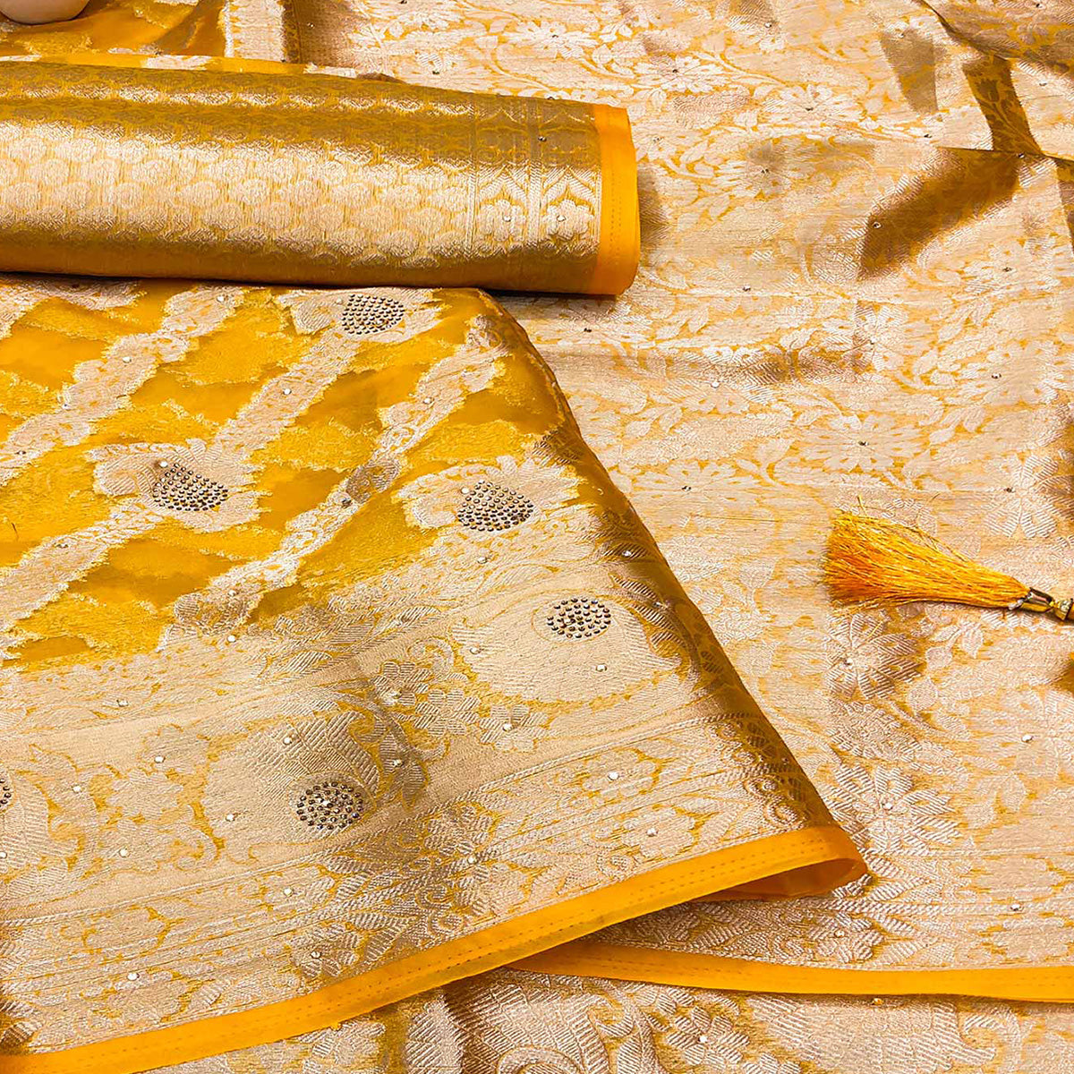 Mustard Stone Work Woven Organza Jacquard Saree