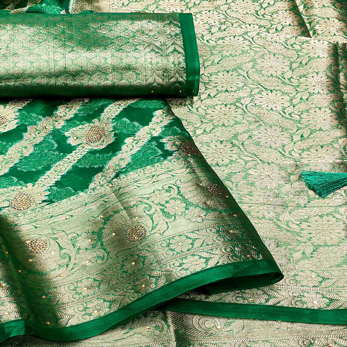 Green Stone Work Woven Organza Jacquard Saree