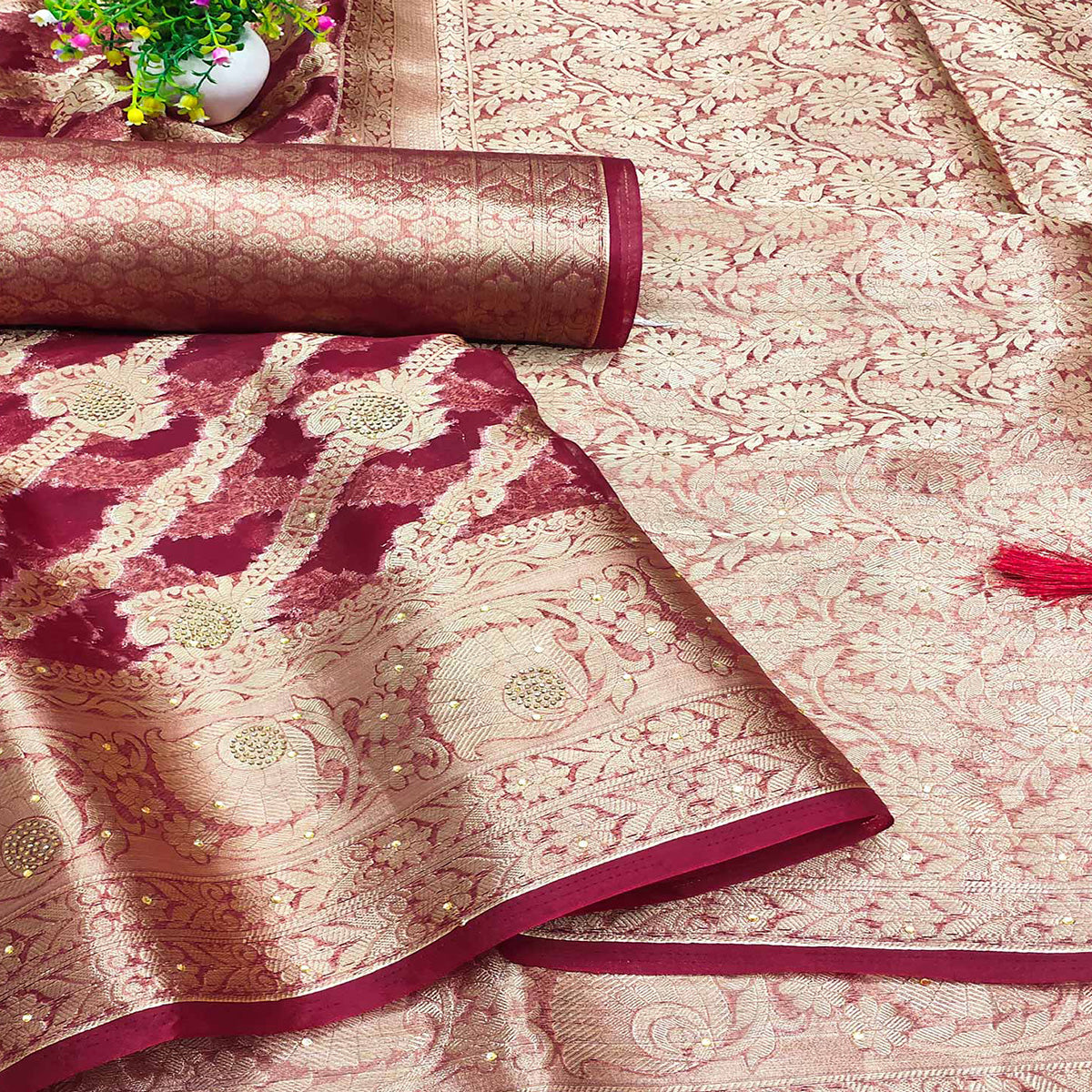 Wine Stone Work Woven Organza Jacquard Saree