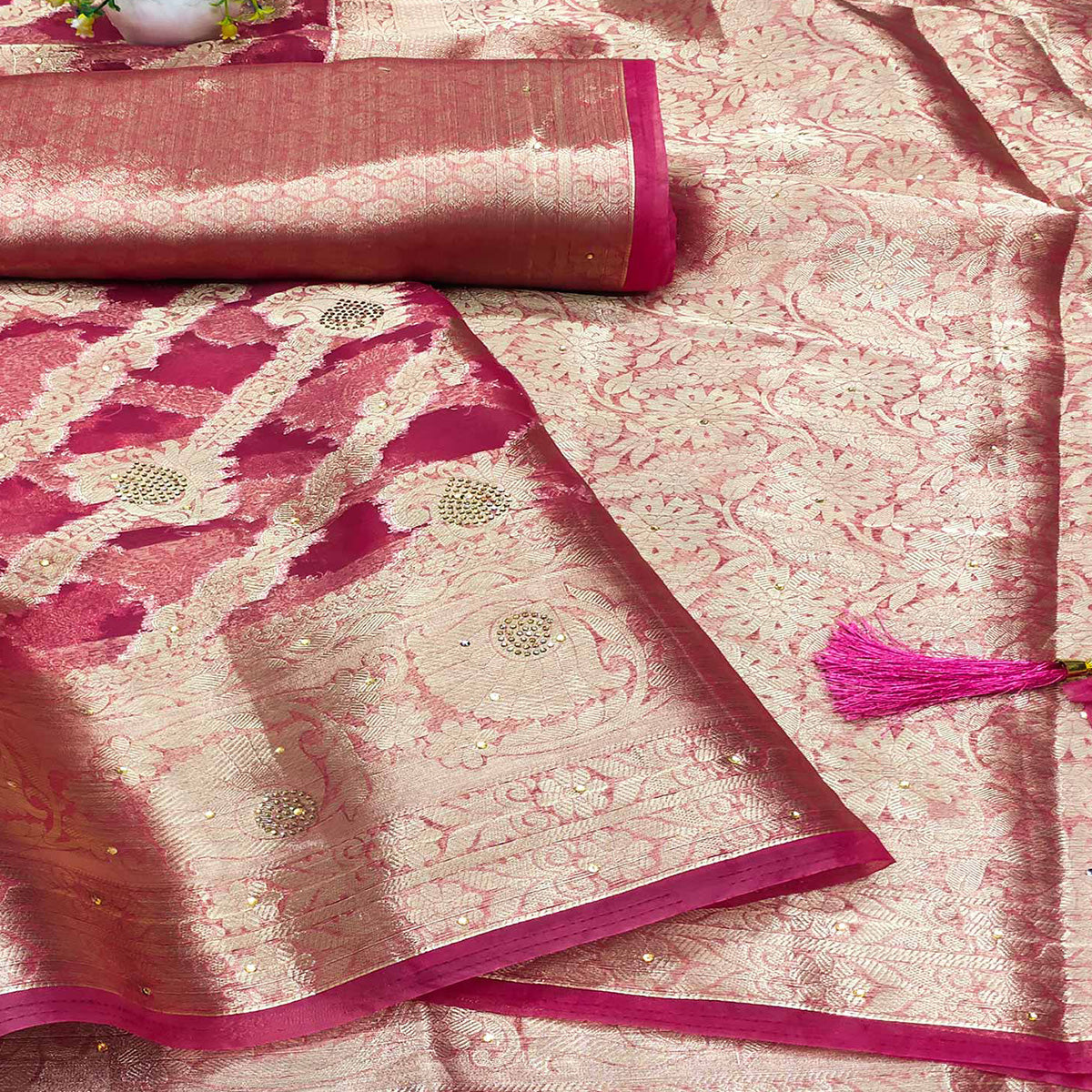 Pink Stone Work Woven Organza Jacquard Saree