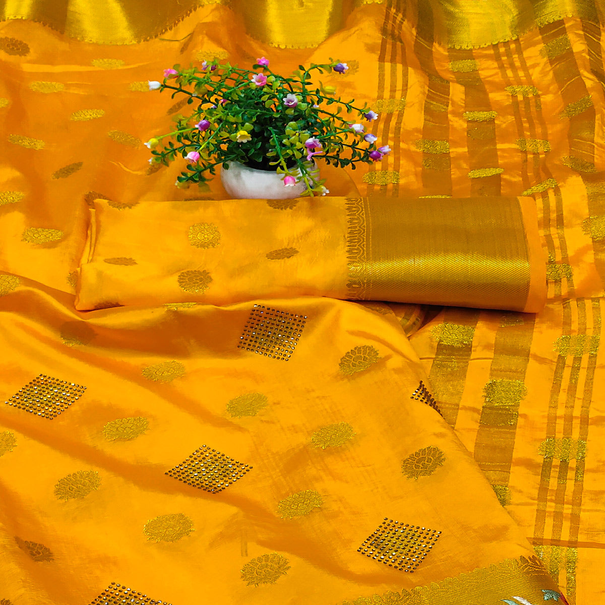 Yellow Zari Woven Jacquard Saree With Embroidery Border