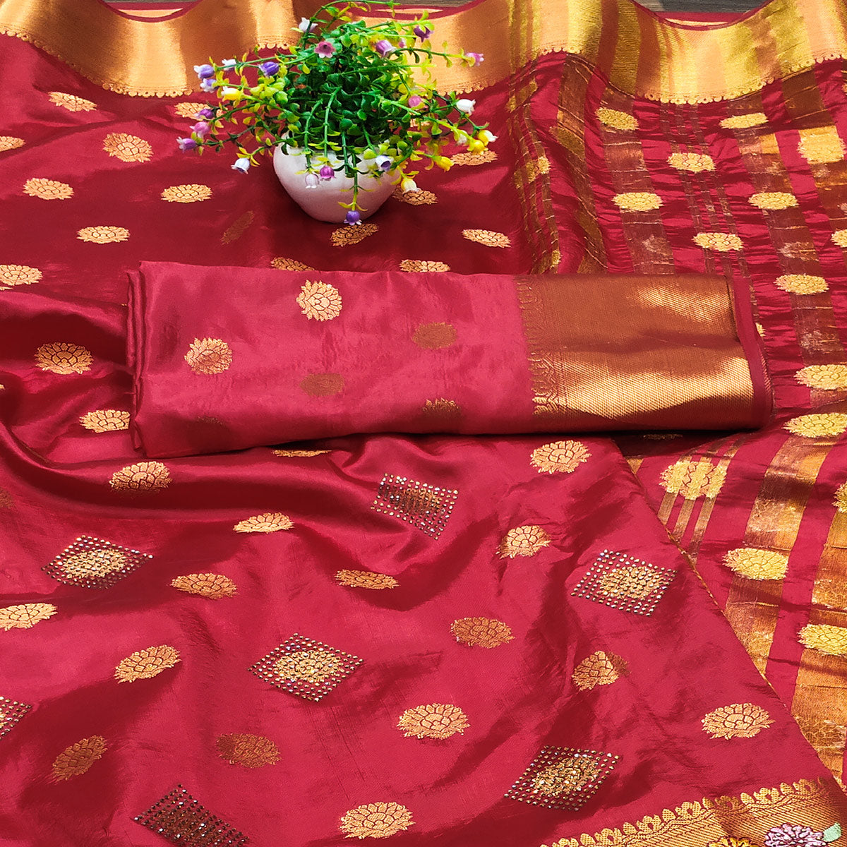 Red Zari Woven Jacquard Saree With Embroidery Border