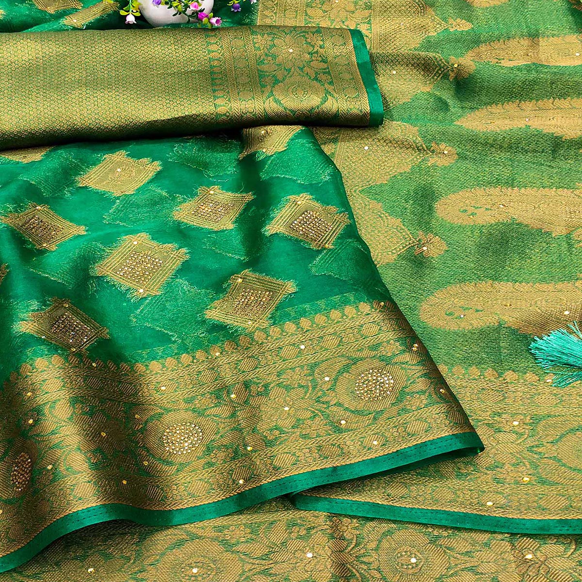 Green Woven With Stonework Organza Jacquard Saree