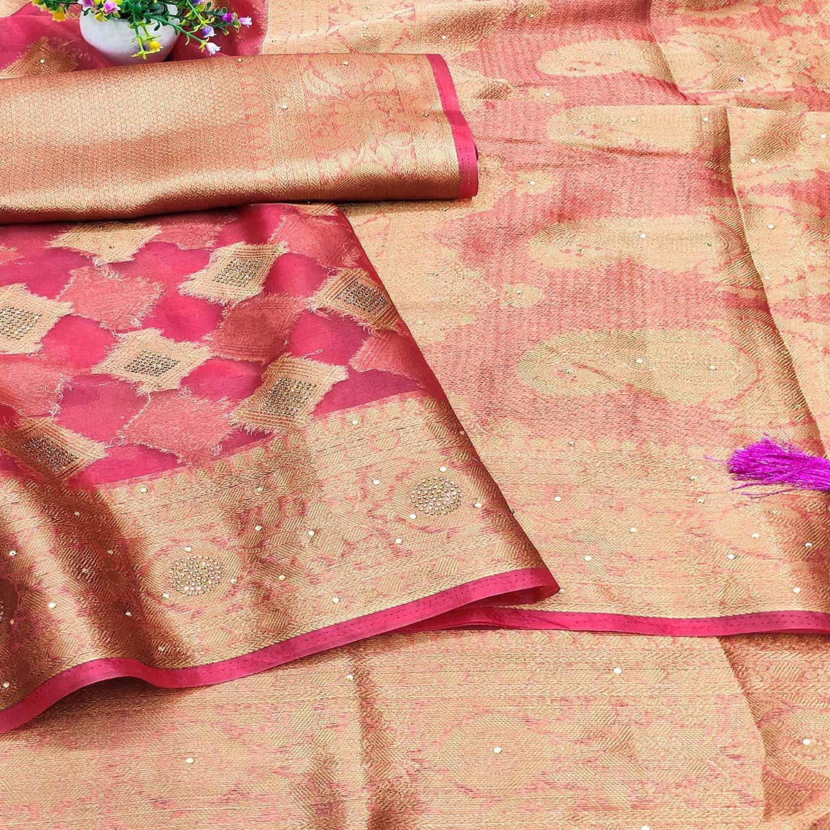 Rani Pink Woven With Stonework Organza Jacquard Saree