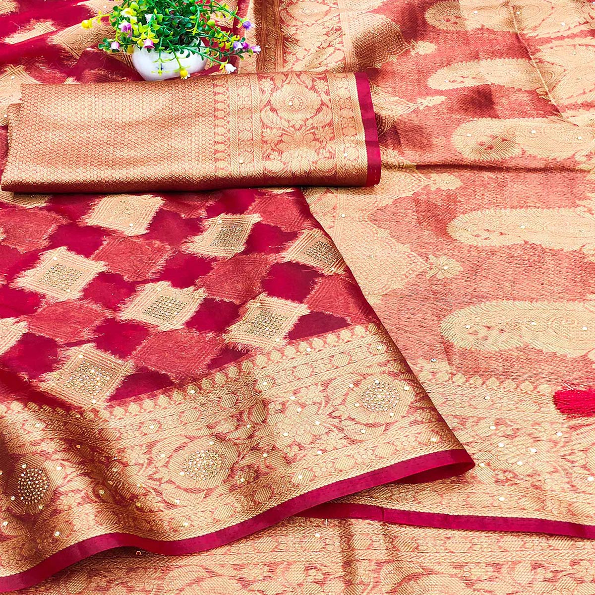 Cherry Red Woven With Stonework Organza Jacquard Saree