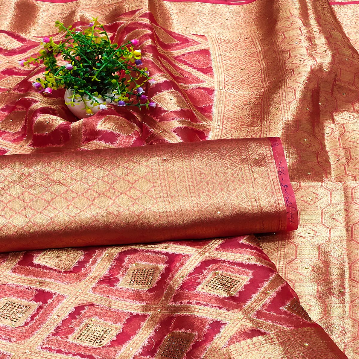 Pink Woven With Stonework Organza Jacquard Saree